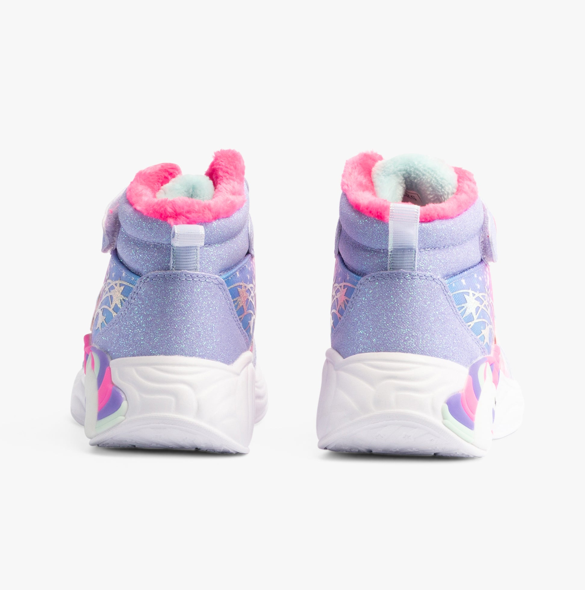 Skechers 303057L/LVHP UNICORN DREAMS - MAGICAL COVE Girls Trainers Lavender/Hot Pink back view showing high top design.