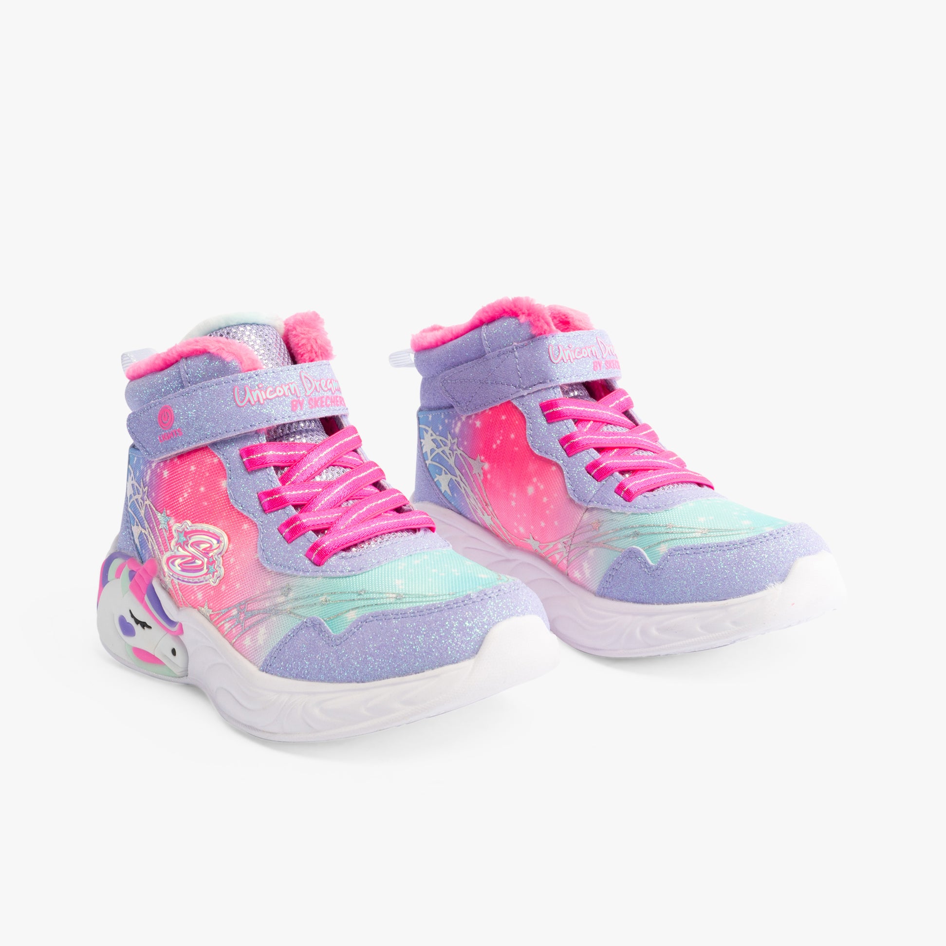 Skechers 303057L/LVHP UNICORN DREAMS - MAGICAL COVE Girls Trainers Lavender/Hot Pink side view showing vibrant design and colors.
