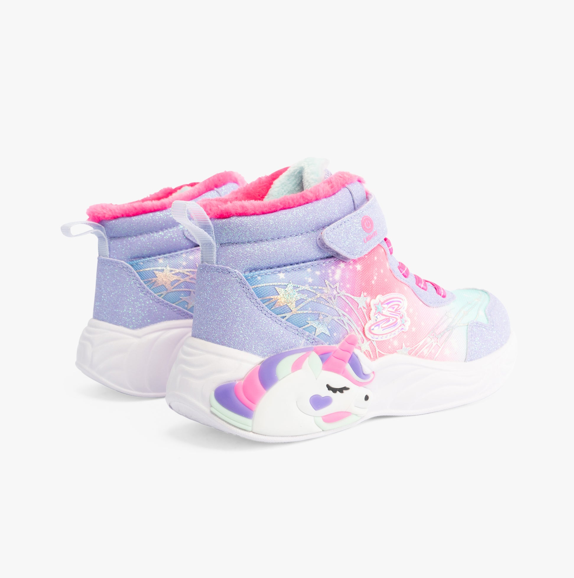 Skechers 303057L/LVHP UNICORN DREAMS - MAGICAL COVE Girls Trainers Lavender/Hot Pink back view showcasing colorful unicorn design.