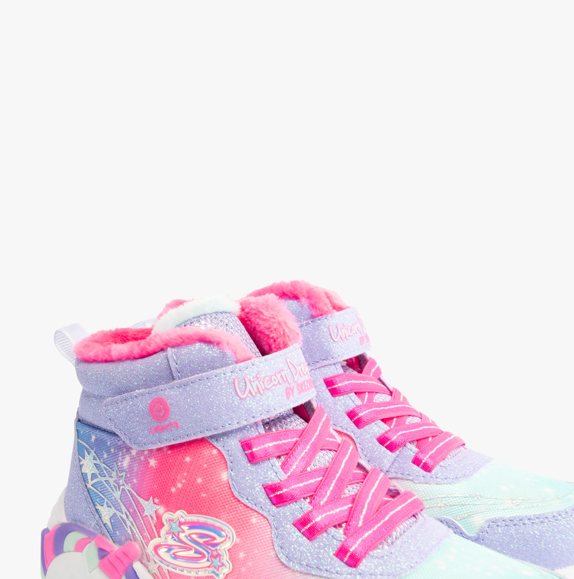 Skechers 303057L/LVHP UNICORN DREAMS - MAGICAL COVE Girls Trainers Lavender/Hot Pink side view with high top design.