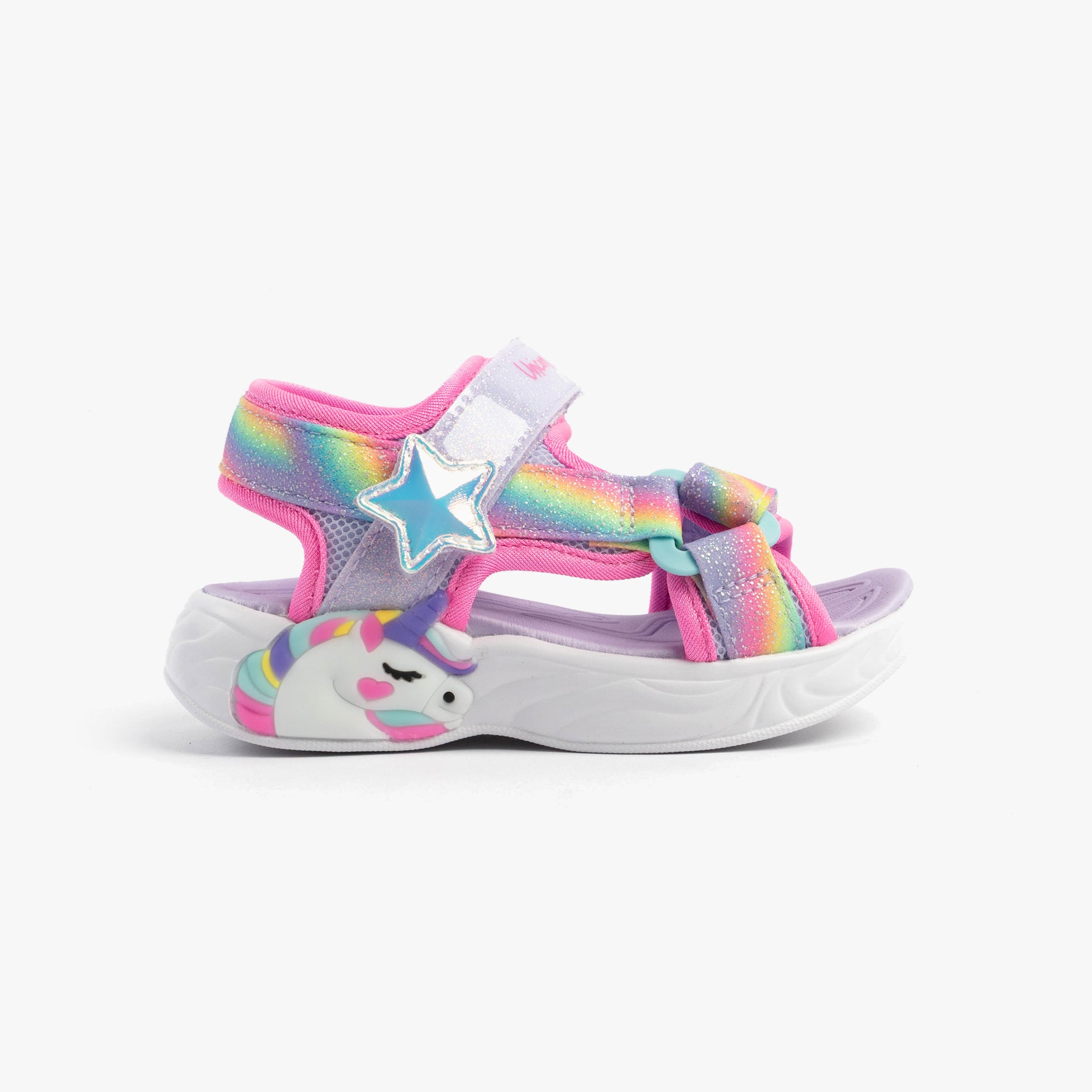 Skechers 303107N/LVMT UNICORN DREAMS SANDAL - DREAMY Girls Sandals Lavender Multi side view with colorful design.