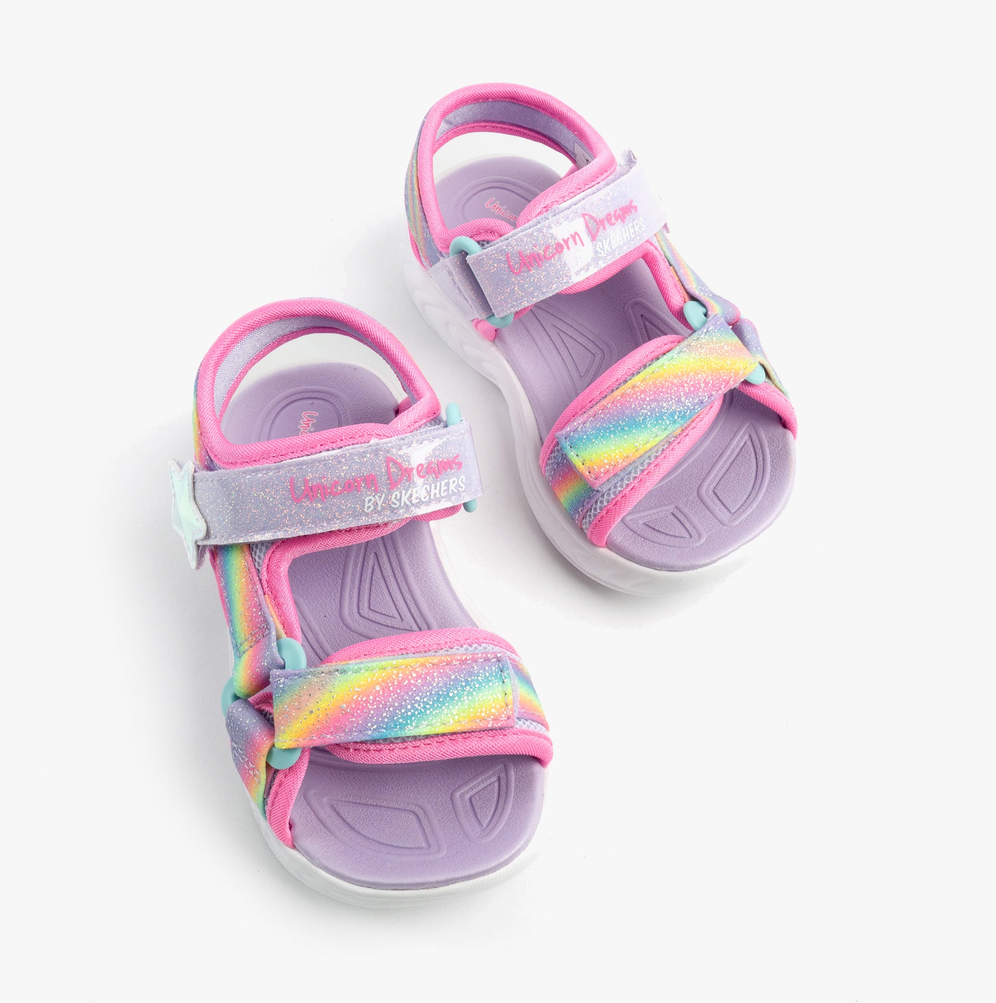 Skechers 303107N/LVMT UNICORN DREAMS SANDAL - DREAMY Girls Sandals Lavender Multi top view showing colorful design and adjustable straps.