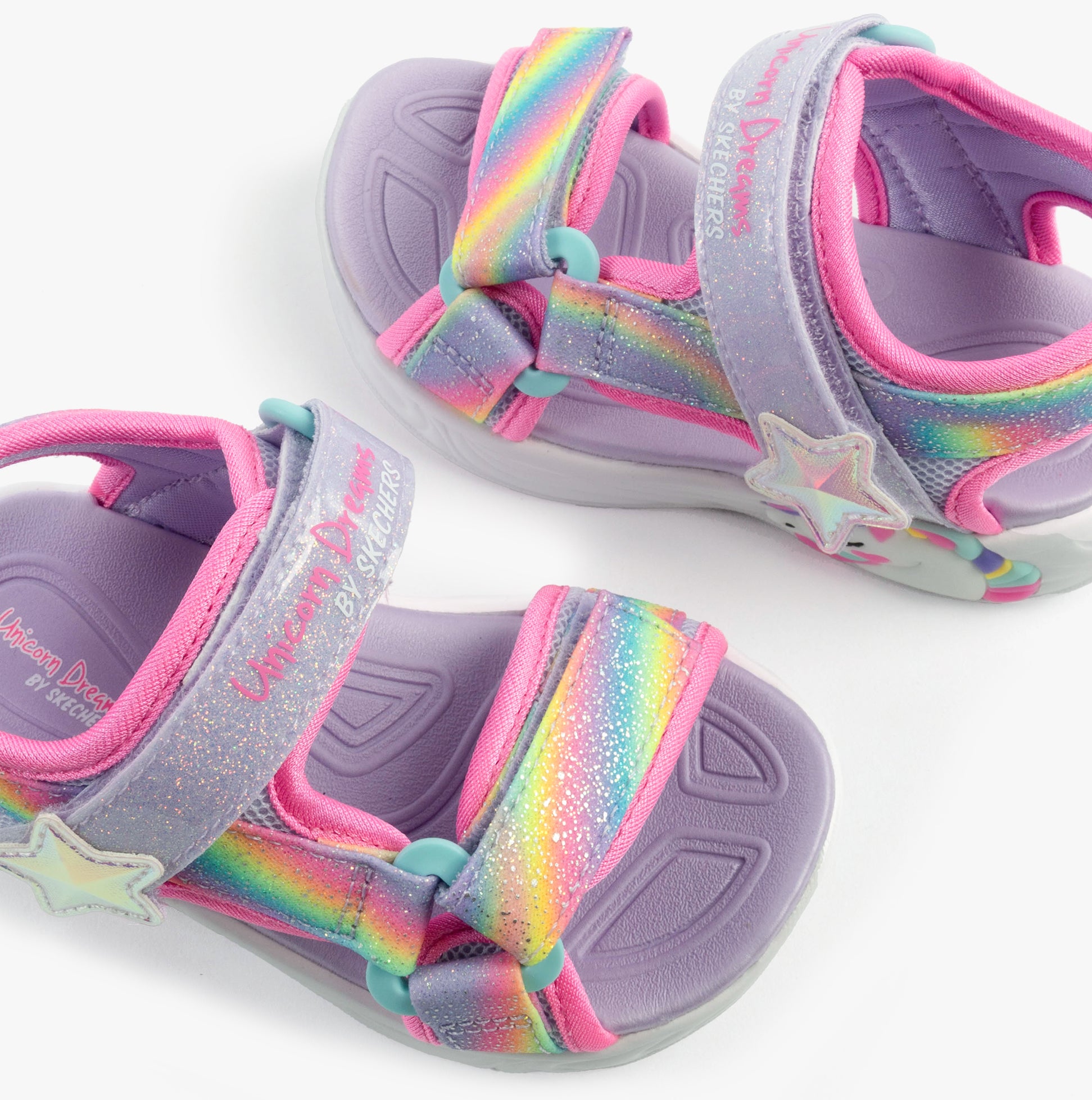 Skechers 303107L/LVMT UNICORN DREAMS SANDAL - DREAMY Girls Sandals Lavender Multi top view showing colorful design and adjustable straps.