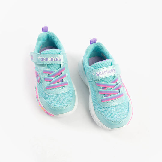 Skechers 303158N/TQMT PLAY SCENE - FUN SQUAD Girls Trainers Turquoise Multi top view showing lace-up design and vibrant colors.