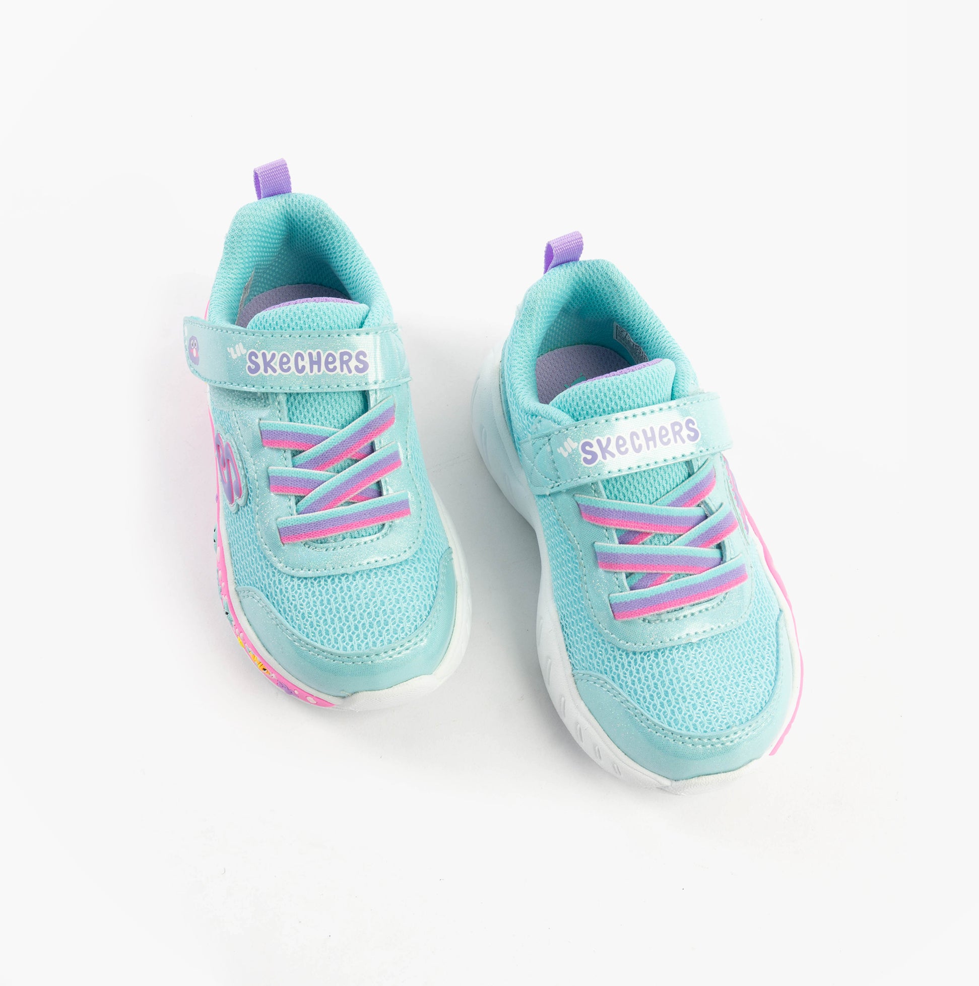 Skechers 303158N/TQMT PLAY SCENE - FUN SQUAD Girls Trainers Turquoise Multi top view showing lace-up design and vibrant colors.