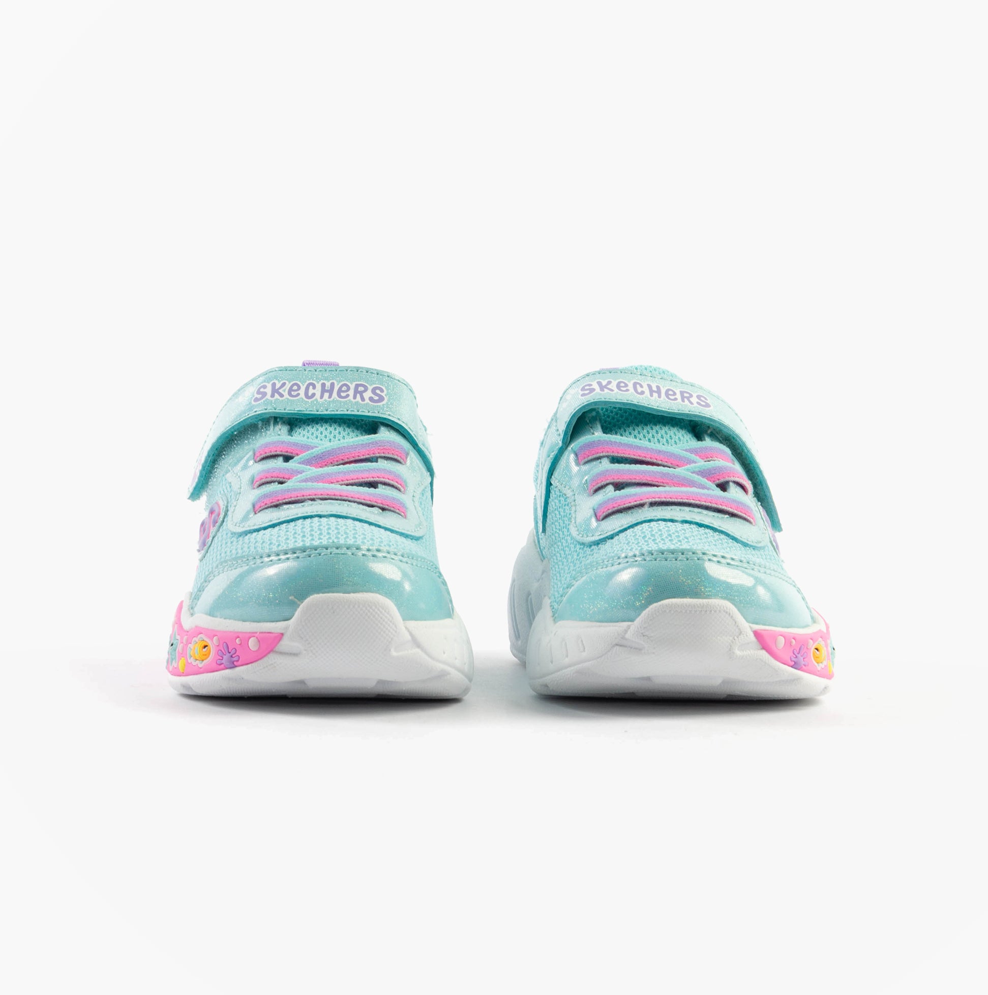 Skechers 303158N/TQMT PLAY SCENE - FUN SQUAD Girls Trainers Turquoise Multi front view with velcro strap.