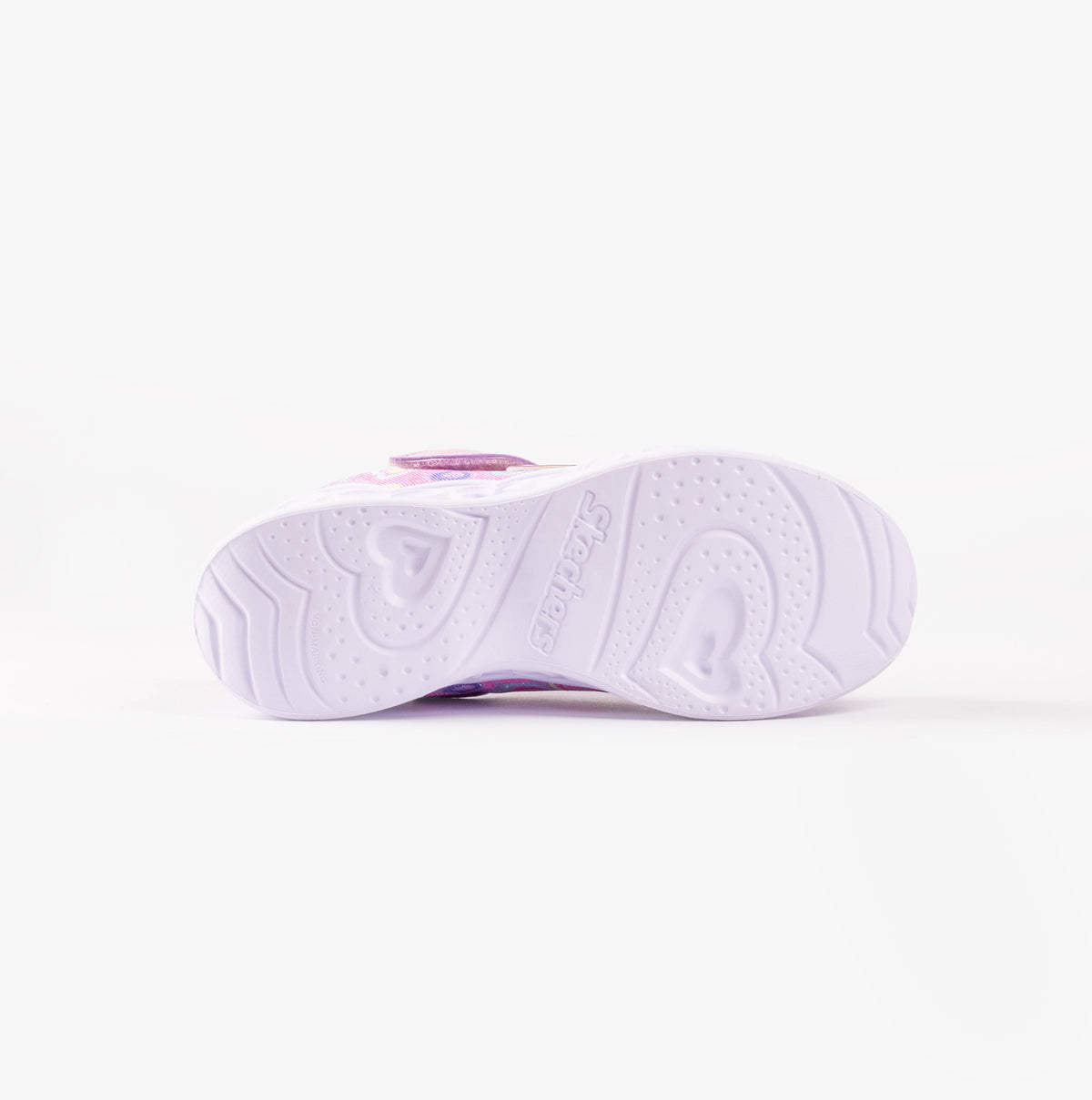 Skechers 303257L/LVMT HEART LIGHTS - BOOGIE LOVE Girls Trainers Lavender Multi bottom view, showcasing heart-shaped sole design.