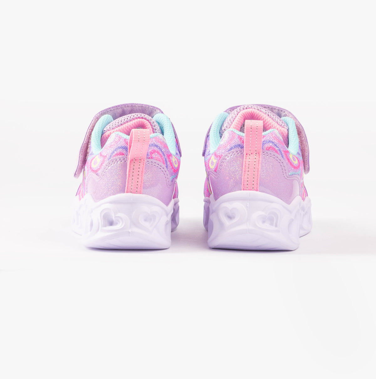 Skechers 303257L/LVMT HEART LIGHTS - BOOGIE LOVE Girls Trainers Lavender Multi rear view of shoes.