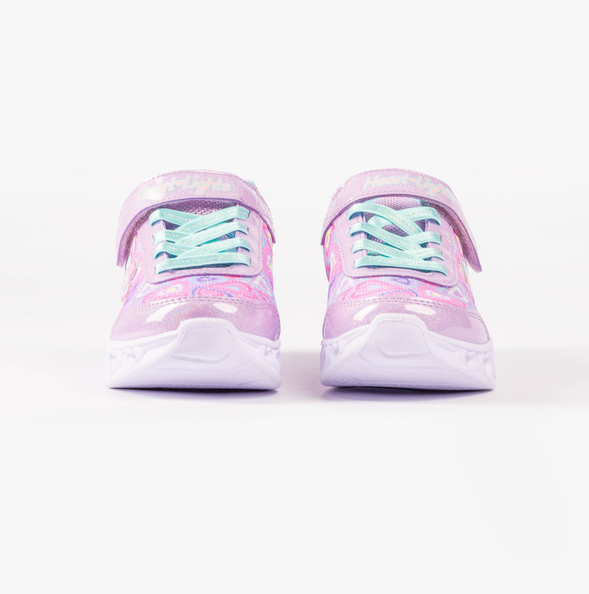 Skechers 303257L/LVMT HEART LIGHTS - BOOGIE LOVE Girls Trainers Lavender Multi front view showing laces and details.