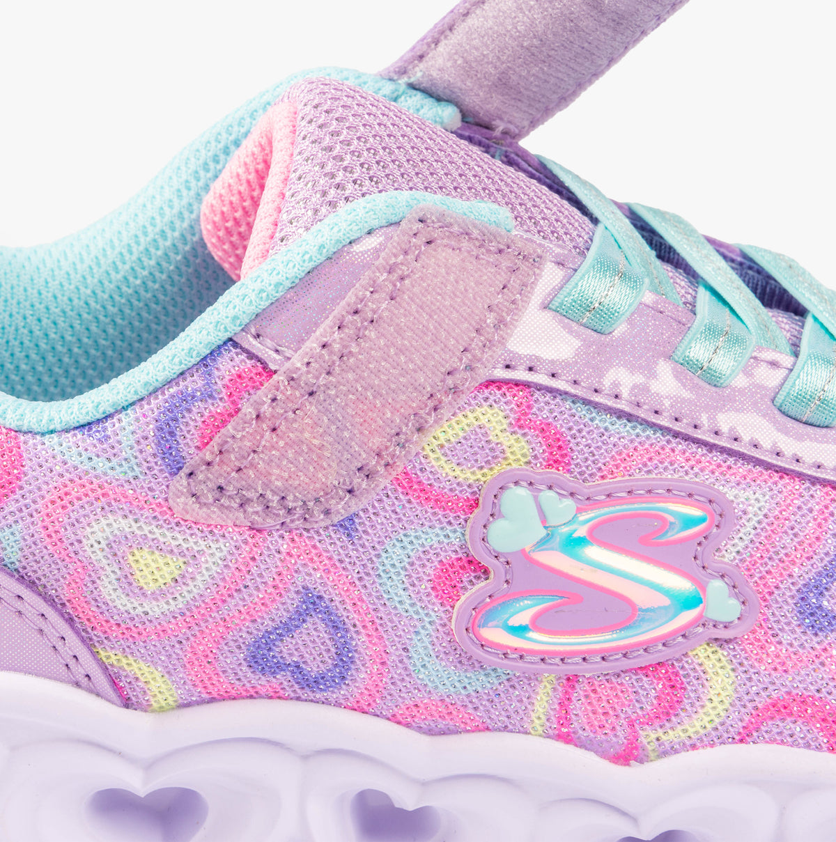 Skechers 303257L/LVMT HEART LIGHTS - BOOGIE LOVE Girls Trainers Lavender Multi detail view showcasing colorful heart patterns and logo.