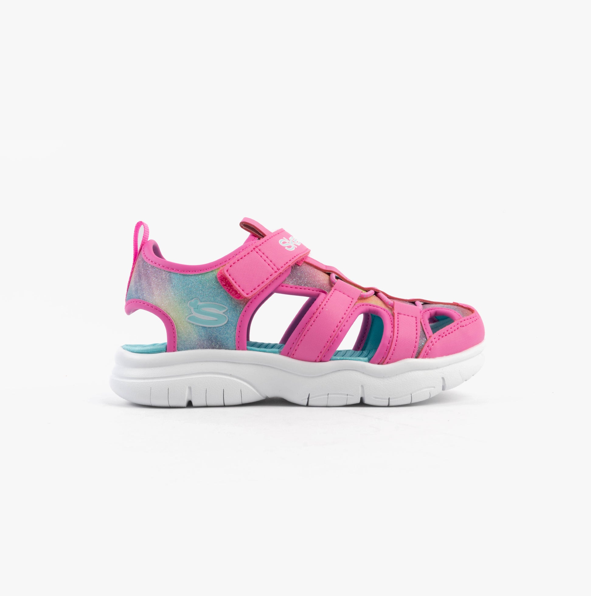 Skechers 303276L/HPMT FLEX SPLASH - DAYLIGHT SHIMMER Girls Sandals Hot Pink /Multi side view showcasing colorful design.