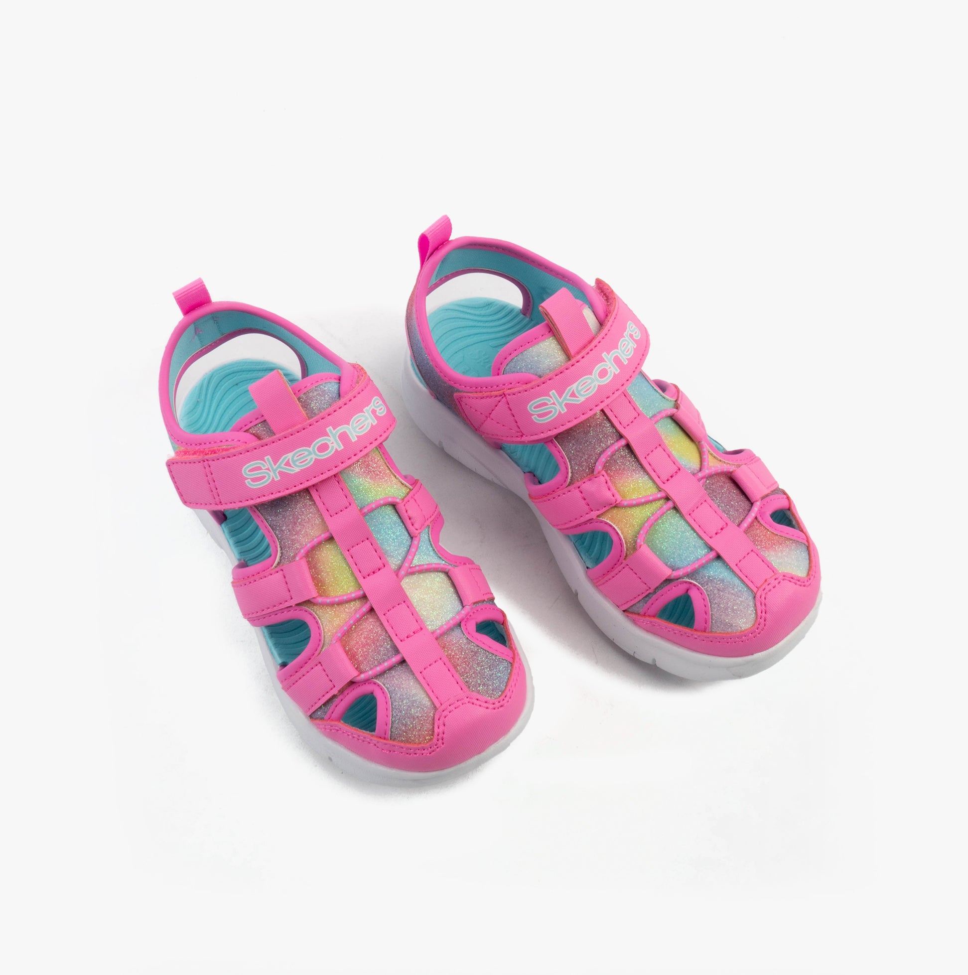 Skechers 303276L/HPMT FLEX SPLASH - DAYLIGHT SHIMMER Girls Sandals Hot Pink /Multi top view with vibrant colors and touch fasten straps