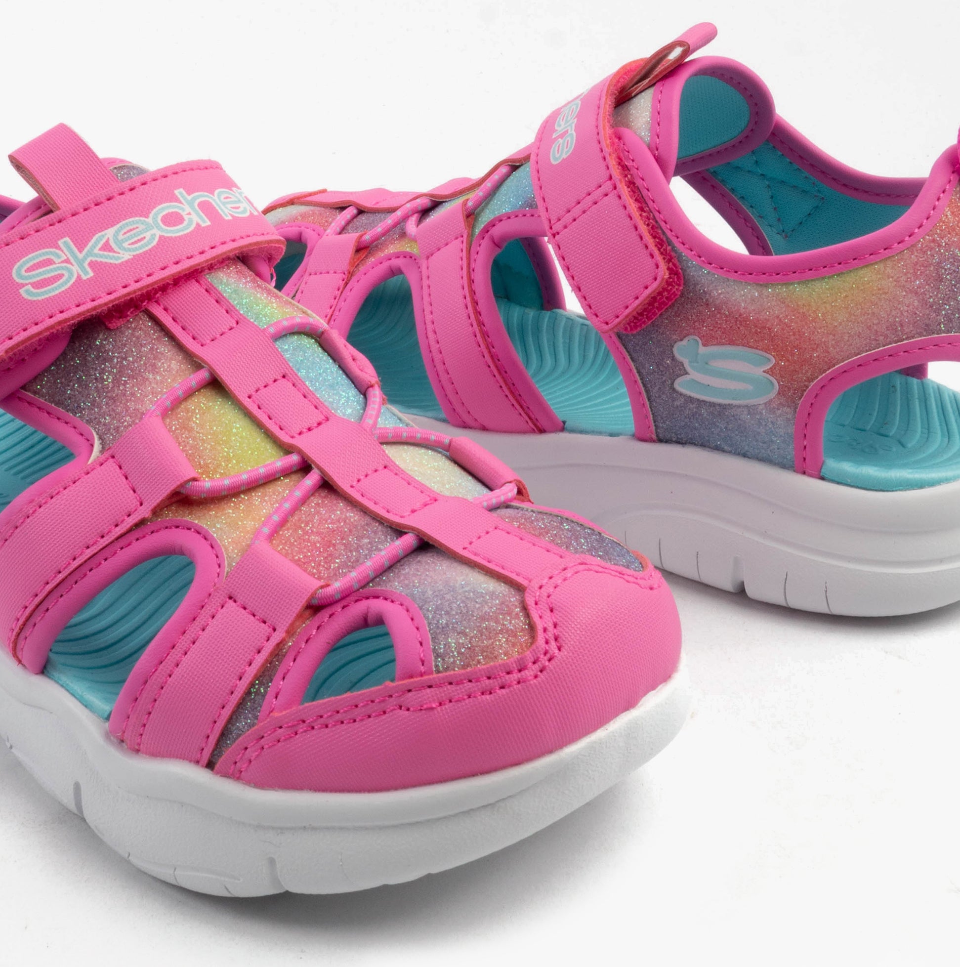 Skechers 303276L/HPMT FLEX SPLASH - DAYLIGHT SHIMMER Girls Sandals Hot Pink /Multi side view and detail view of sandals.