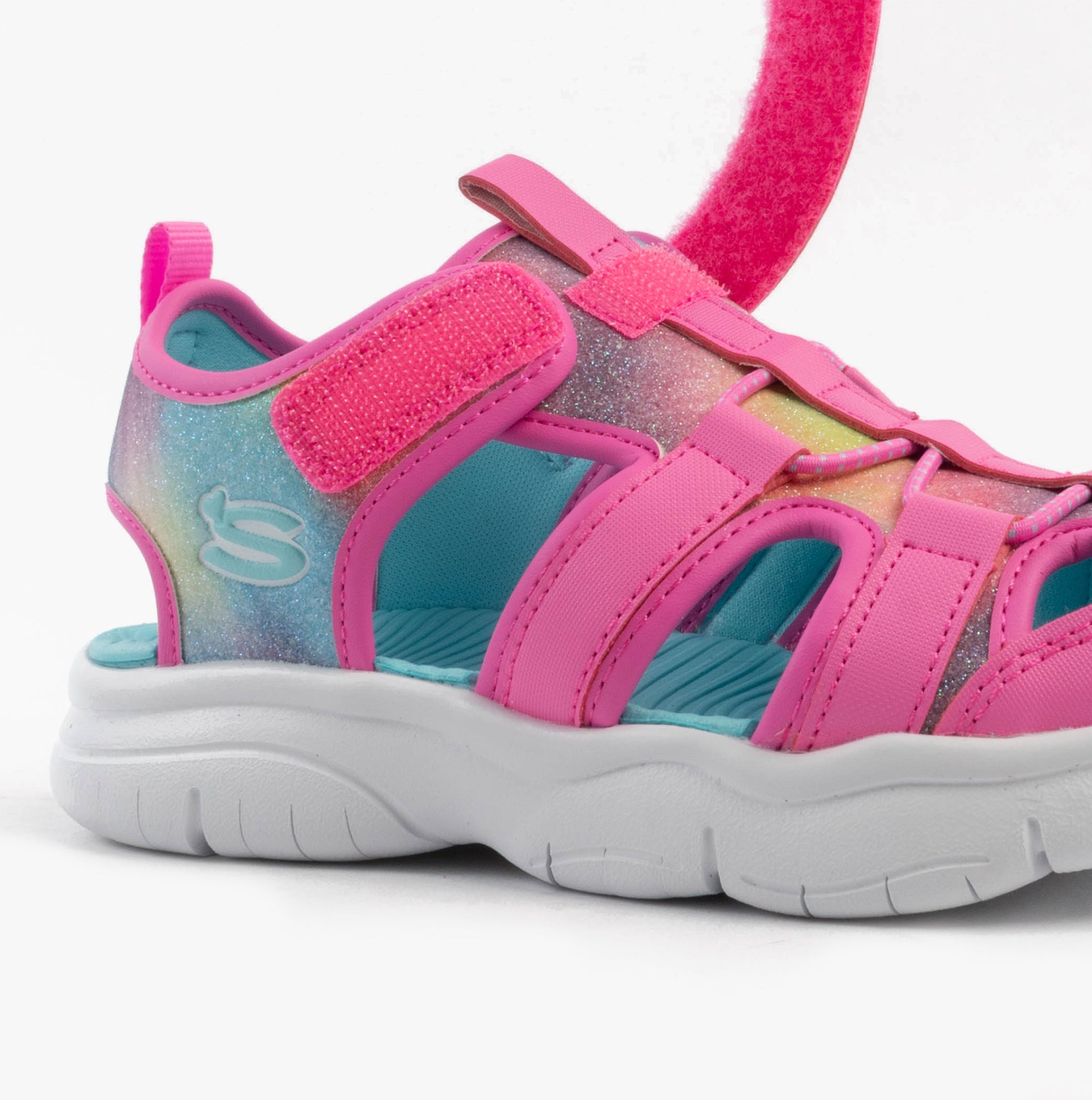 Skechers 303276L/HPMT FLEX SPLASH - DAYLIGHT SHIMMER Girls Sandals Hot Pink /Multi side view showing colorful design and touch fasten strap.