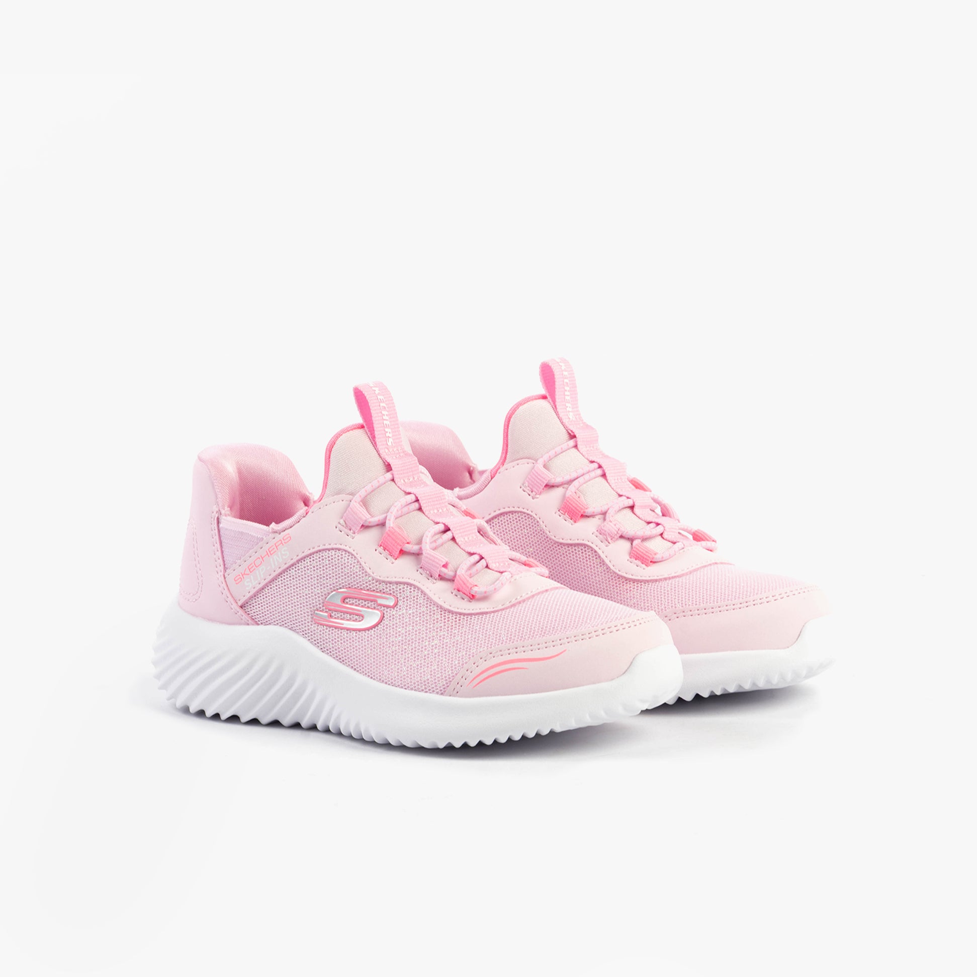 Skechers 303585L/LTPK BOUNDER - SIMPLE CUTE Girls Trainers Light Pink side view with bungee stretch laces and rubber sole.