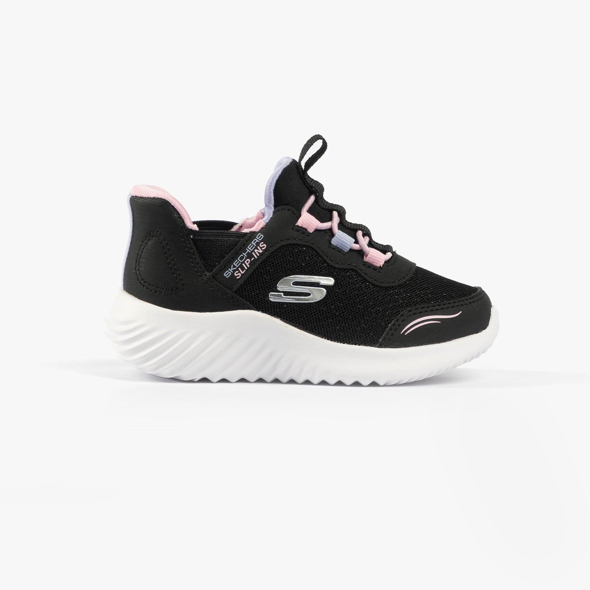 Skechers 303585N/BLK BOUNDER - SIMPLE CUTE Girls Trainers Black side view showcasing synthetic and mesh upper.