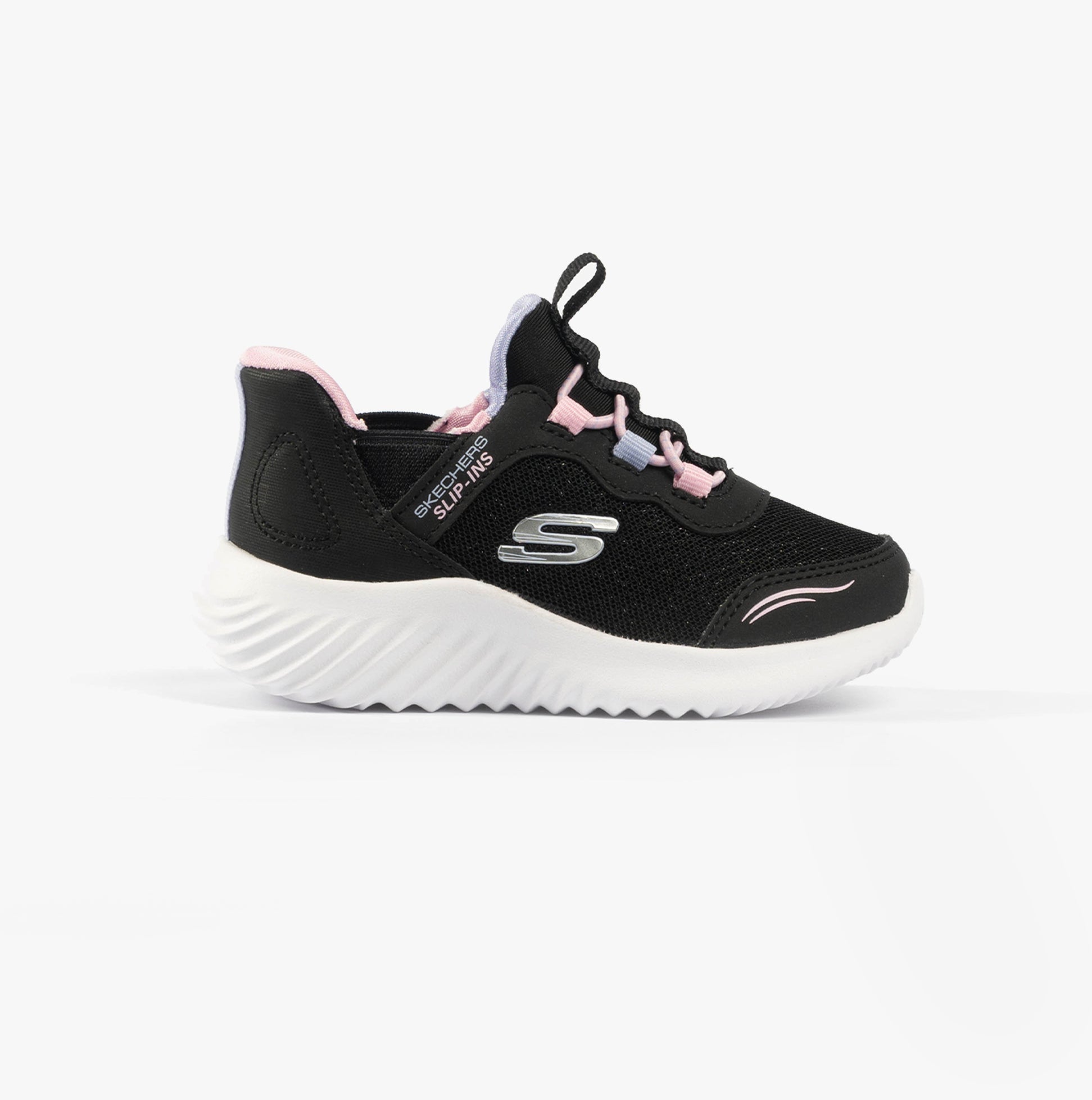 Skechers 303585N/BLK BOUNDER - SIMPLE CUTE Girls Trainers Black side view showcasing synthetic and mesh upper.