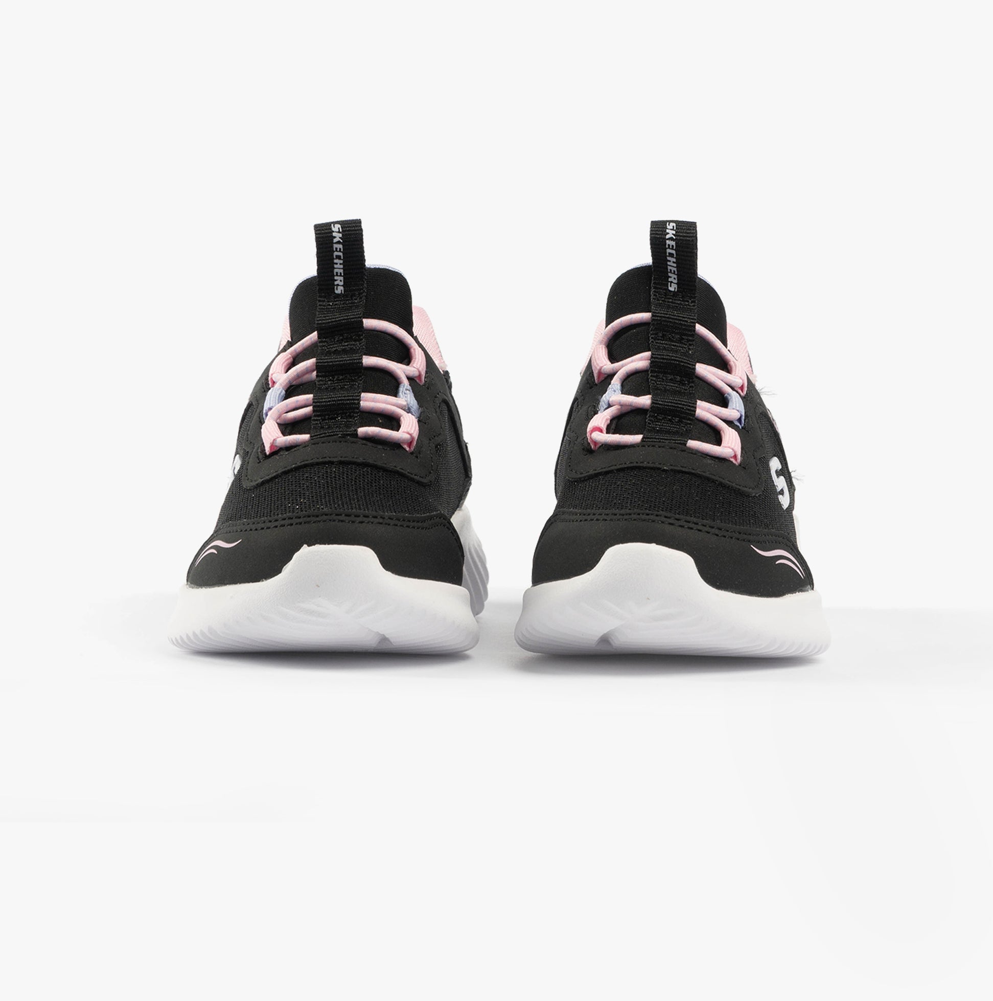 Skechers 303585L/BLK BOUNDER - SIMPLE CUTE Girls Trainers Black rear view showing black and pink bungee stretch laces.