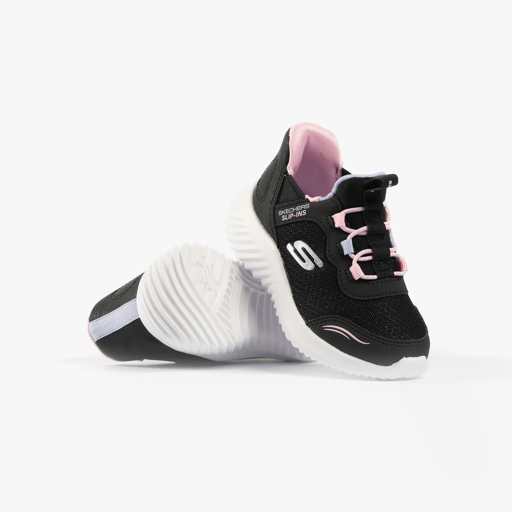 Skechers 303585N/BLK BOUNDER - SIMPLE CUTE Girls Trainers Black side view showcasing the black synthetic upper and pink accents.
