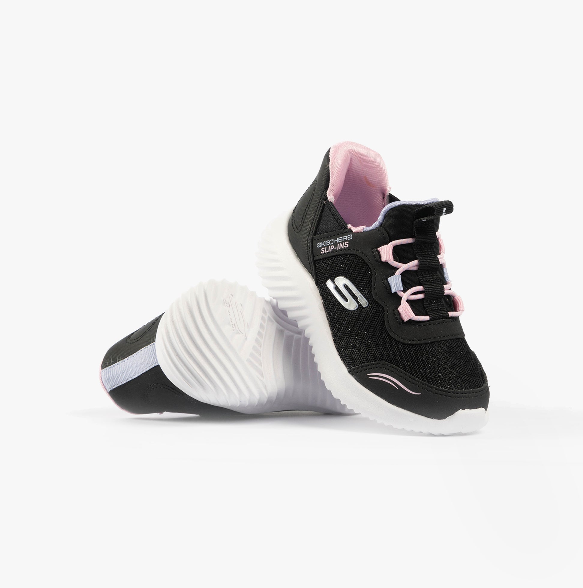 Skechers 303585L/BLK BOUNDER - SIMPLE CUTE Girls Trainers Black side view showcasing bungee stretch laces and memory foam features.