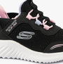Skechers 303585N/BLK BOUNDER - SIMPLE CUTE Girls Trainers Black side view showcasing bungee stretch laces and mesh upper.