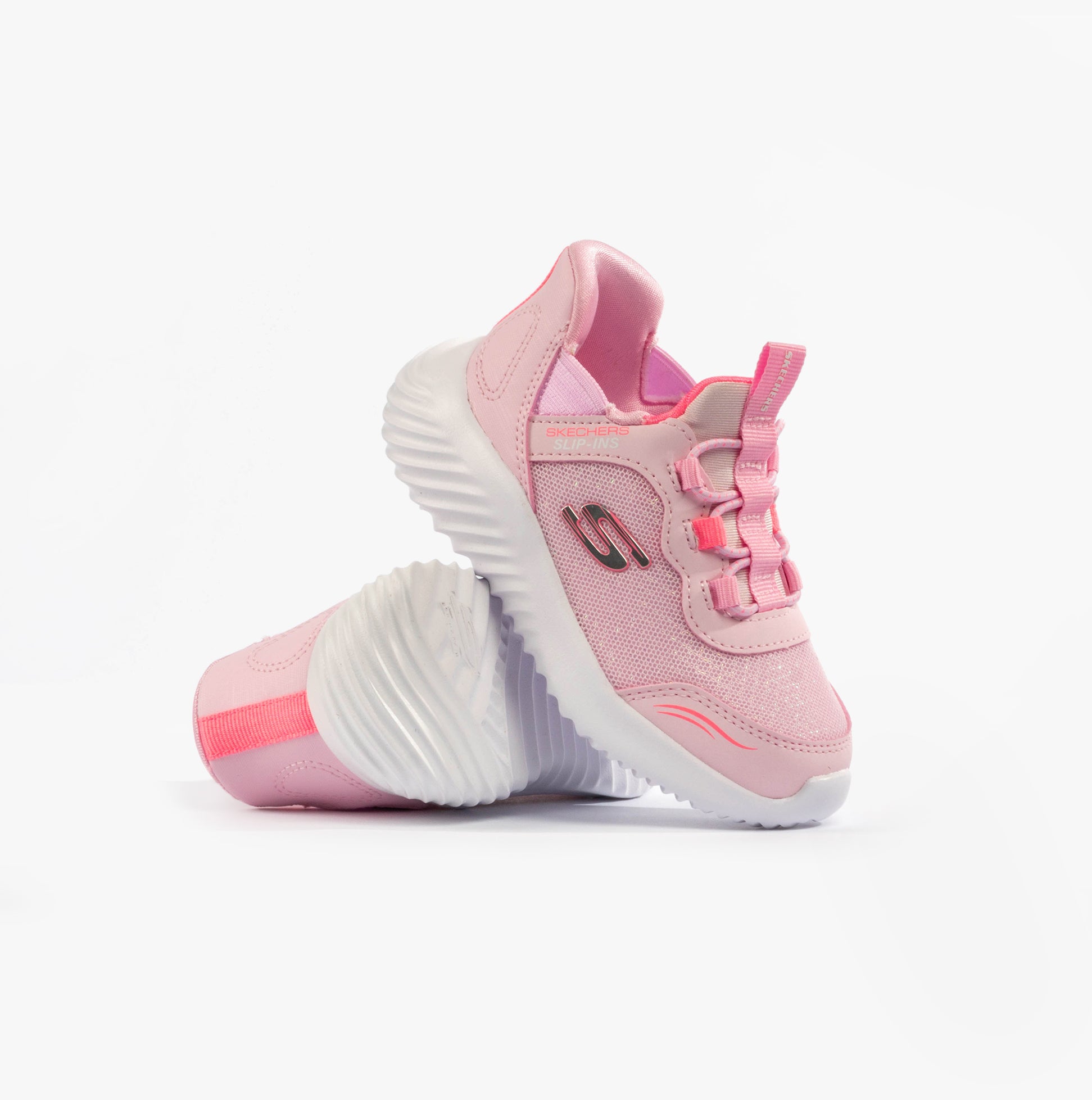 Skechers 303585N/LTPK BOUNDER - SIMPLE CUTE Girls Trainers Light Pink side view showcasing bungee stretch laces and rubber sole.