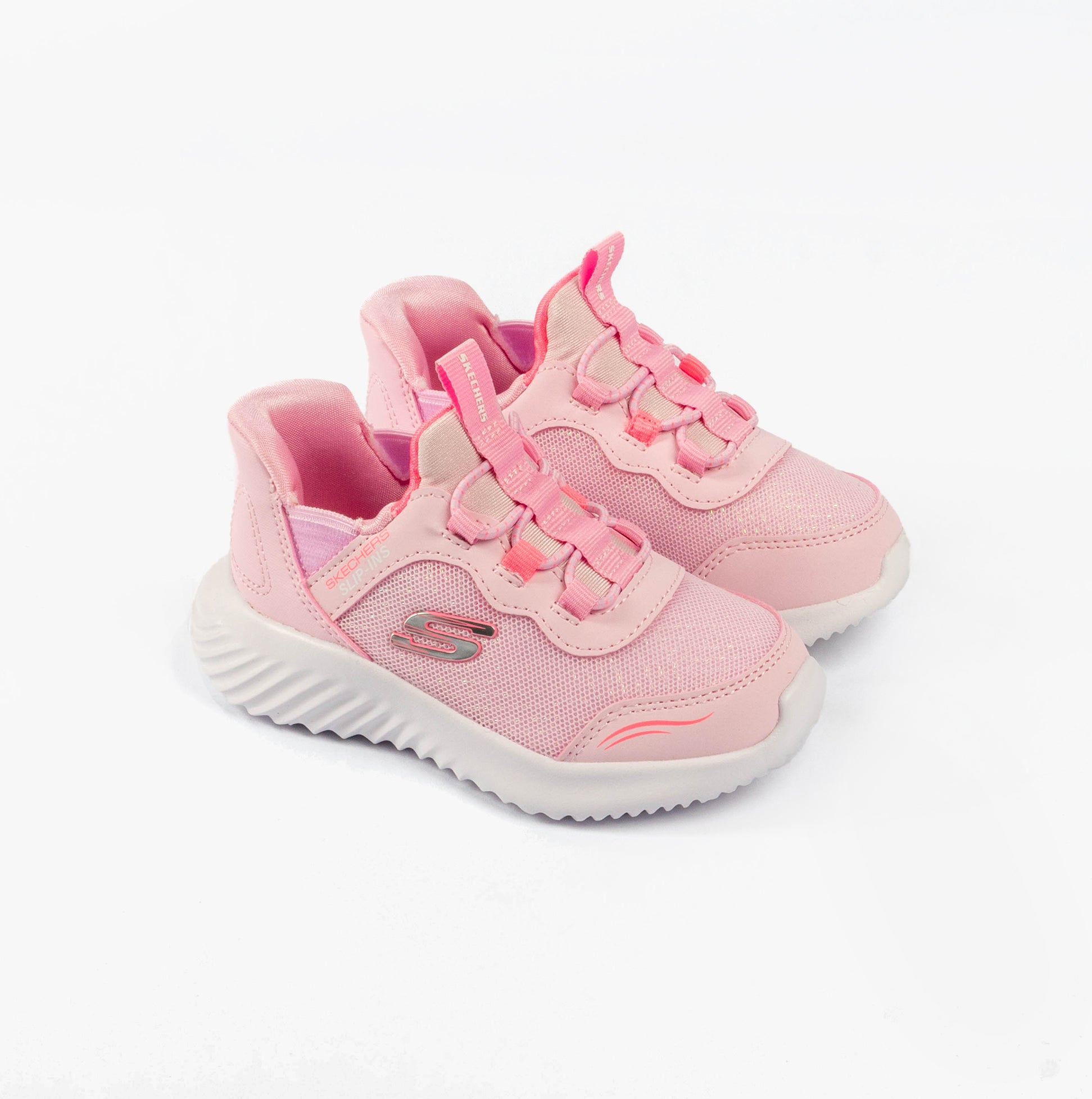 Skechers 303585N/LTPK BOUNDER - SIMPLE CUTE Girls Trainers Light Pink, side view, showcasing bungee stretch laces.