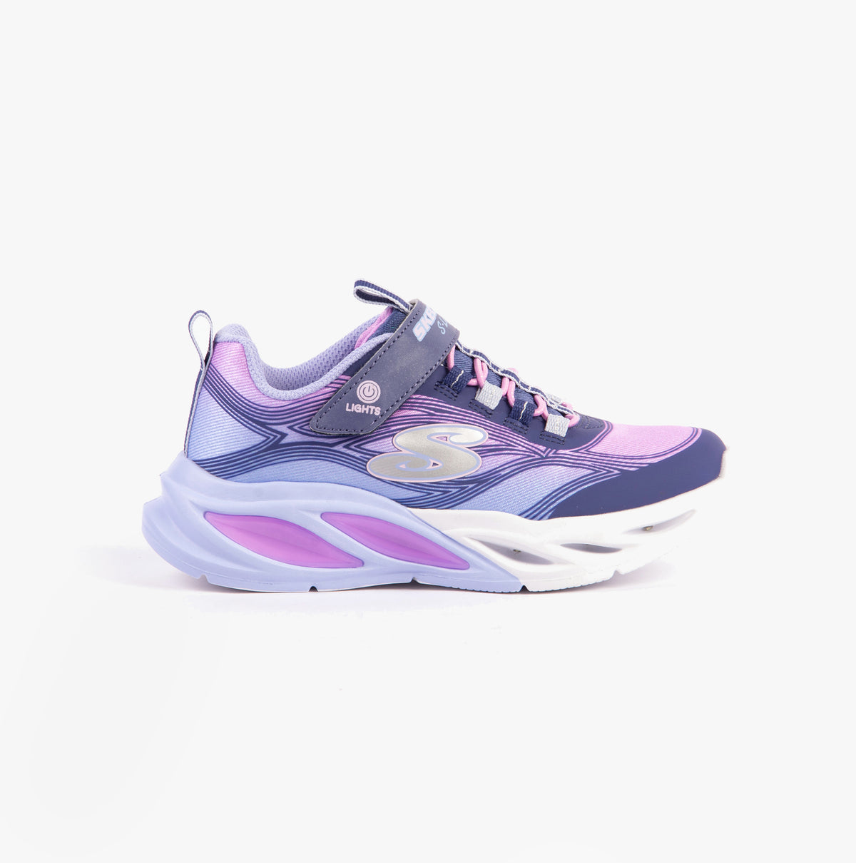 Skechers 303712L/NVMT COSMIC GLOW Girls Trainers Navy Multi side view featuring synthetic mesh upper and bungee stretch laces.