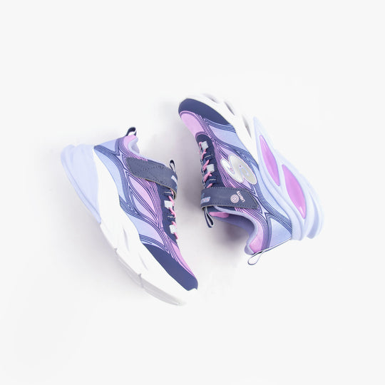 Skechers 303712L/NVMT COSMIC GLOW Girls Trainers Navy Multi side view, featuring bungee stretch laces and light up design.