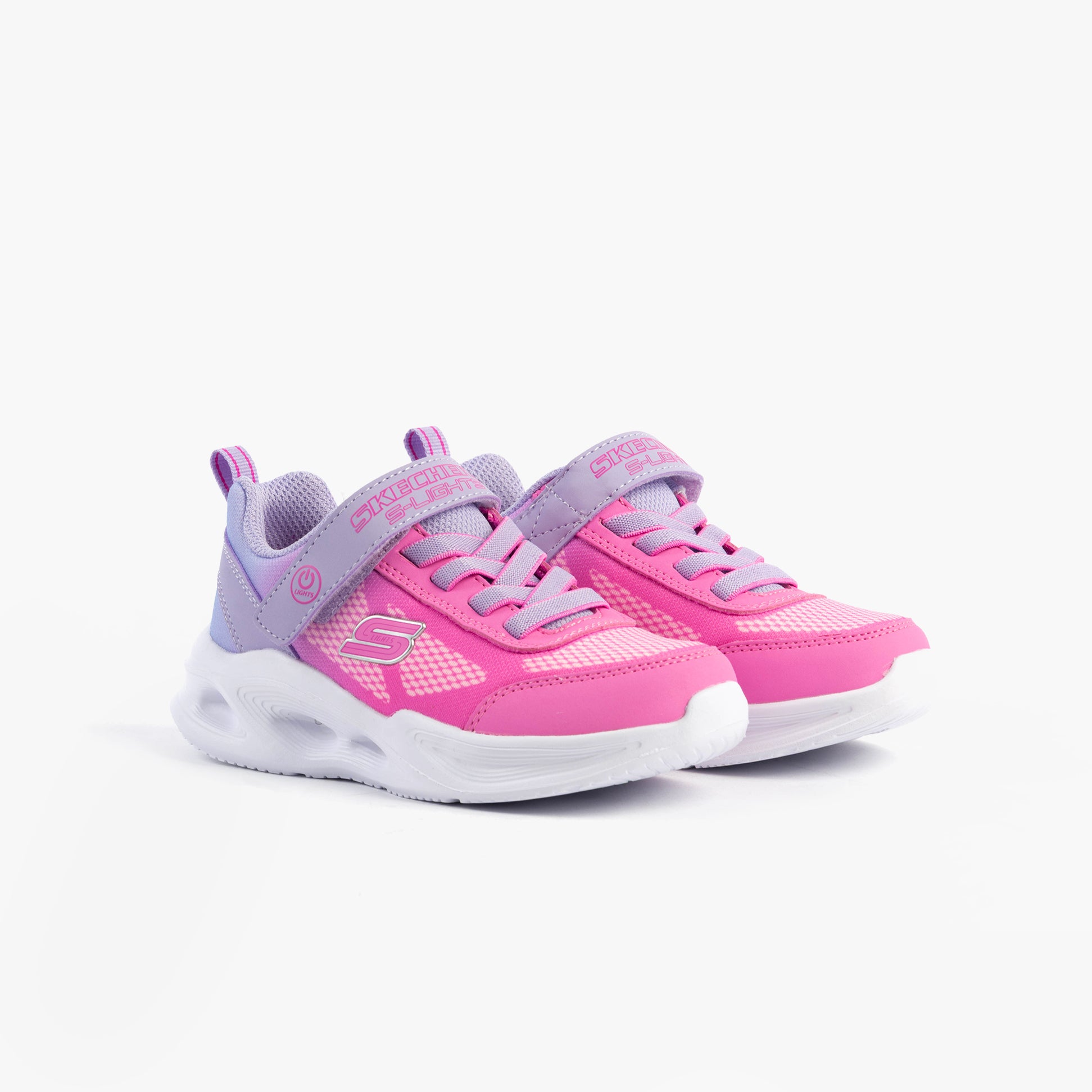 Skechers 303714L/LVPK SOLA GLOW - OMBRE DELUXE Girls Trainers Lavender/Pink side view showcasing vibrant design.