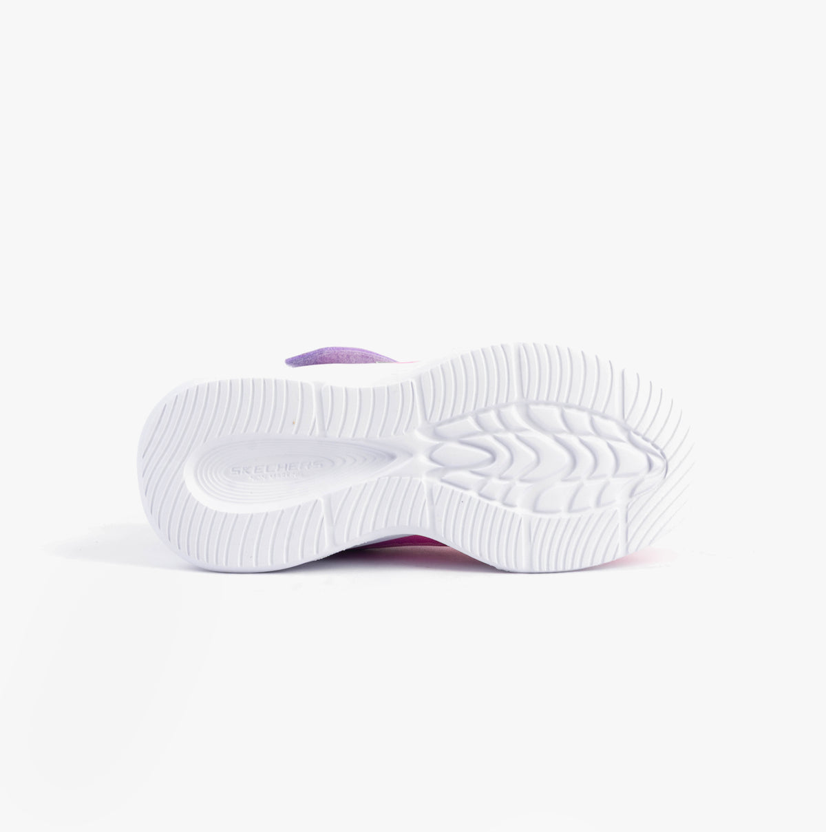 Skechers 303714L/LVPK SOLA GLOW - OMBRE DELUXE Girls Trainers Lavender/Pink bottom view with white rubber sole.