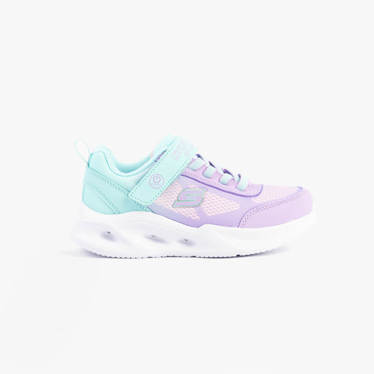Skechers 303714L/TQLV SOLA GLOW - OMBRE DELUXE Girls Trainers Multicoloured side view showcasing light blue and purple design.