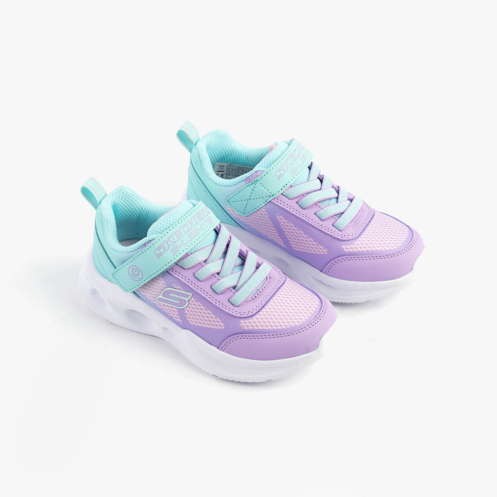 Skechers 303714L/TQLV SOLA GLOW - OMBRE DELUXE Girls Trainers Multicoloured side view of shoes with mint and purple accents.