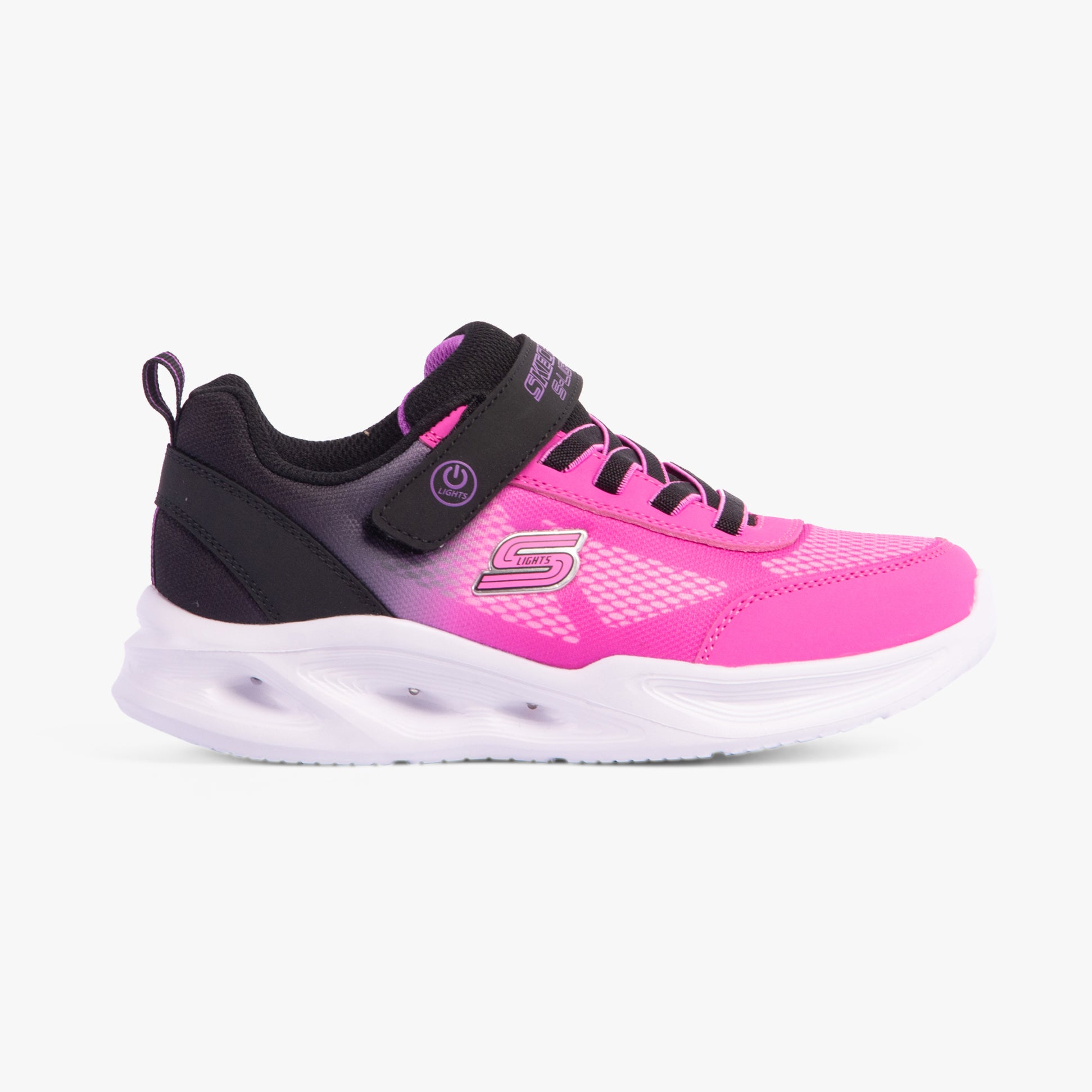Skechers 303714L/BKHP SOLA GLOW - OMBRE DE Girls Trainers Black/Hotpink side view showing casual synthetic and mesh upper.