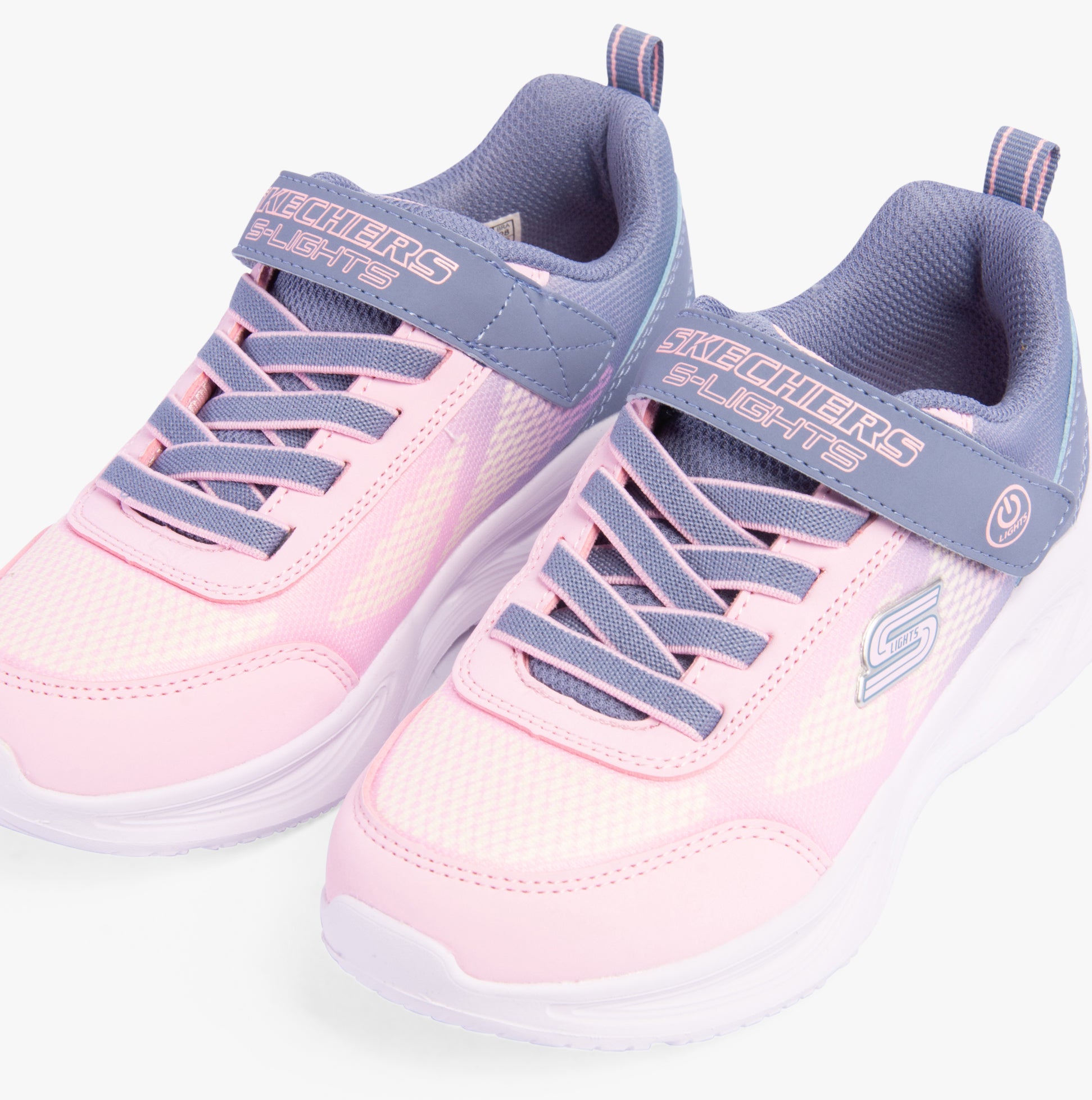 Skechers 303714L/GYLP SOLA GLOW - OMBRE DE Girls Trainers Gray/Light Pink top view showing sneakers with lace-up design.