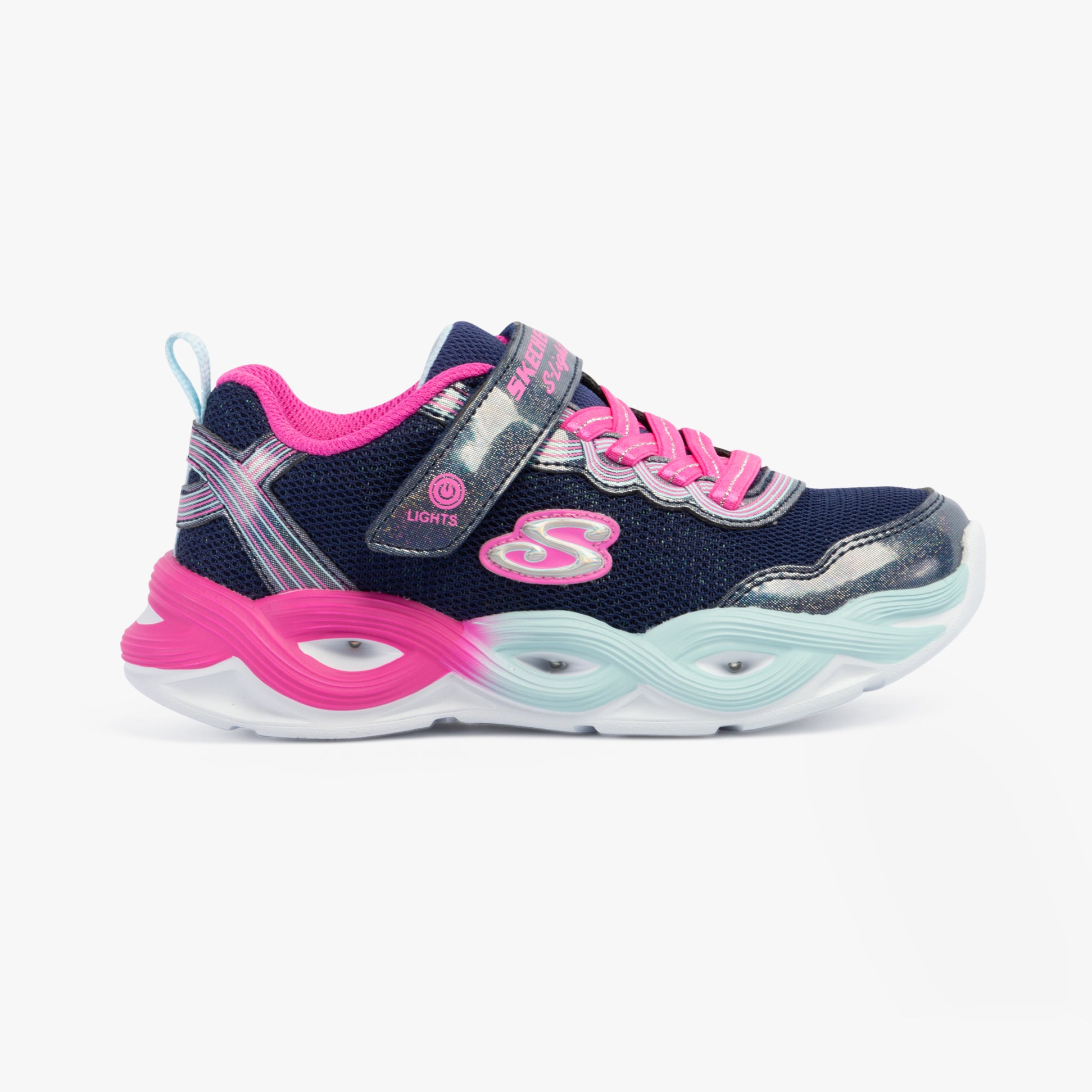 Skechers 303717L/NVMT TWISTY GLOW Girls Trainers Navy/Multi side view showing navy and pink design with bungee laces.