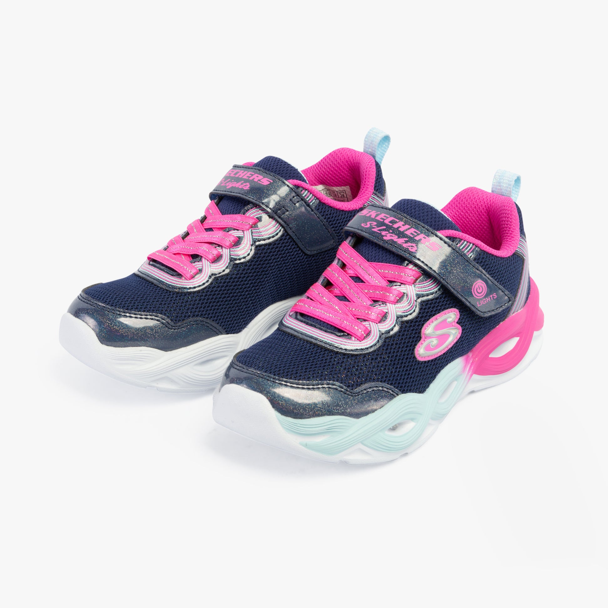 Skechers 303717L/NVMT TWISTY GLOW Girls Trainers Navy/Multi side view showing bungee stretch laces and colorful design.