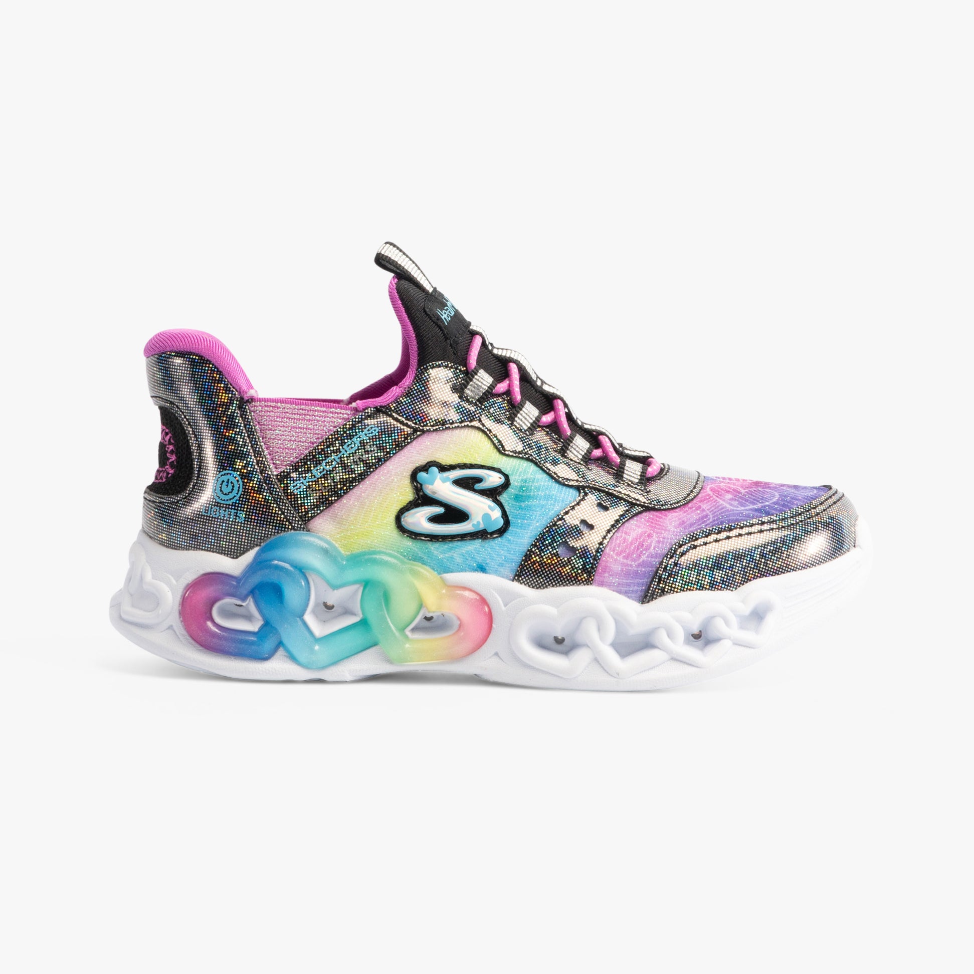 Skechers 303755L/BKMT INFINITE HEART LIGHTS - ETERN Girls Trainers Black/Multi side view showcasing colorful design and bungee stretch laces.