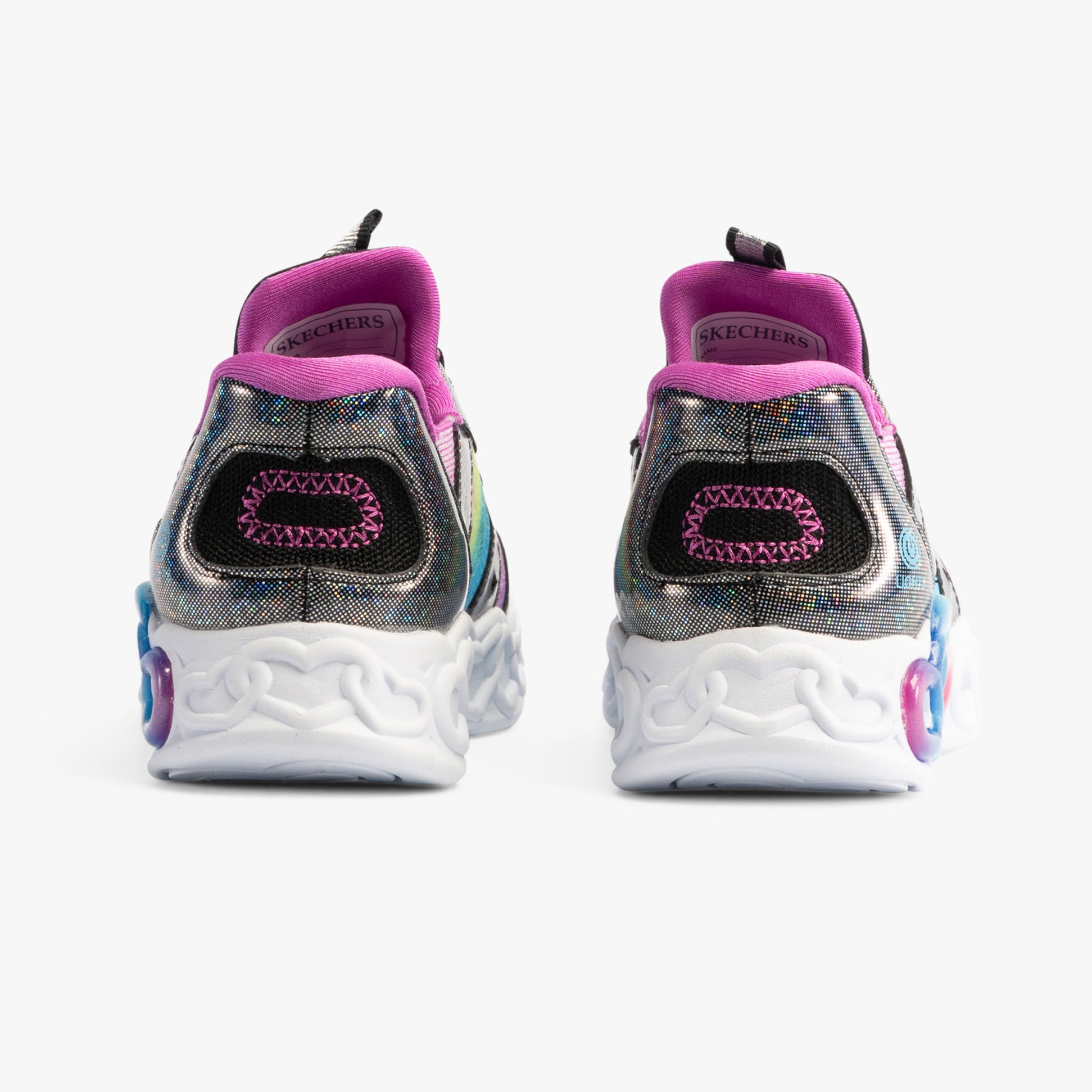 Skechers 303755L/BKMT INFINITE HEART LIGHTS - ETERN Girls Trainers Black/Multi rear view with colorful details.