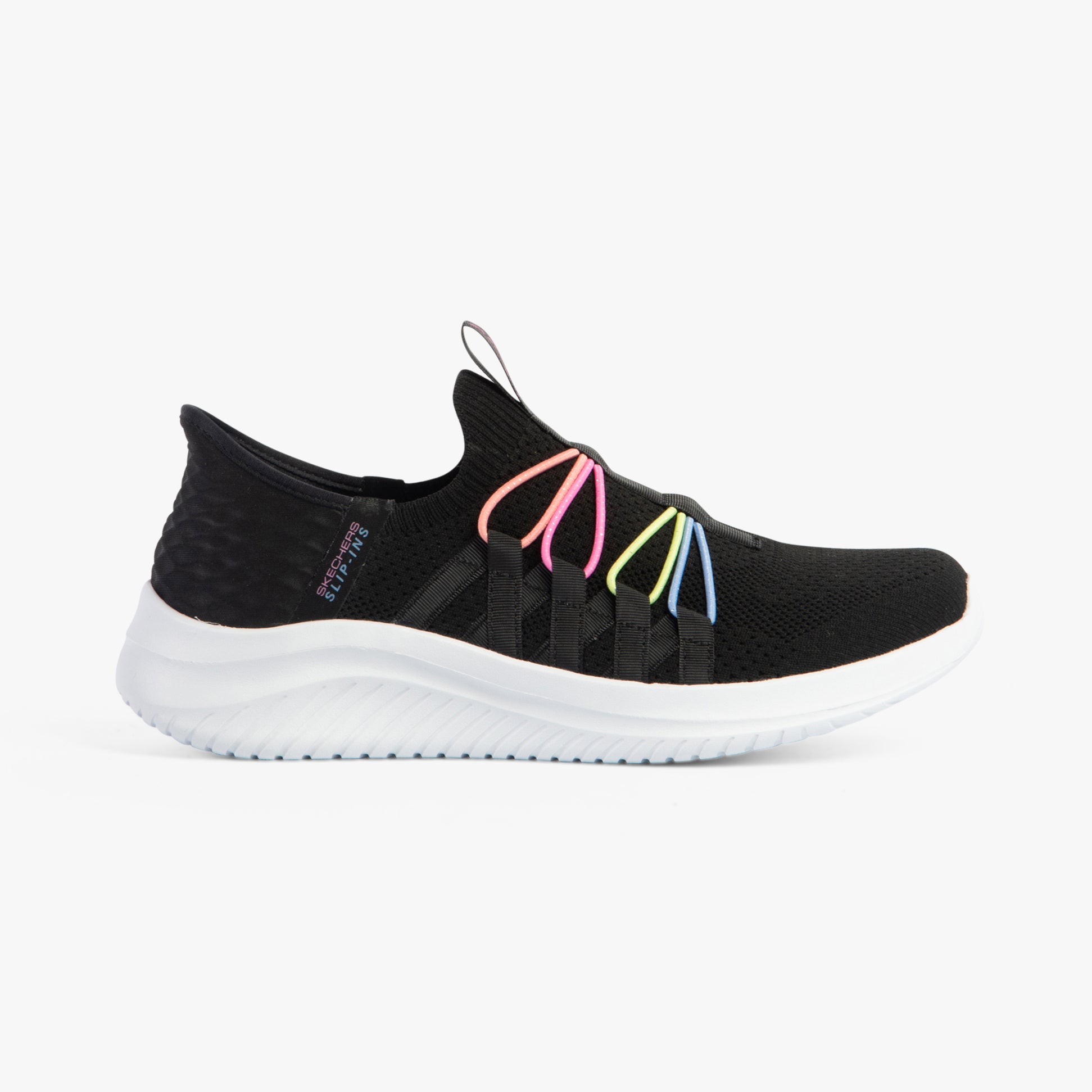 Skechers 303824L/BKMT ULTRA FLEX 3.0 - BUNGEE FUN Girls Trainers Black/Multi side view with colorful bungee laces and slip-on design.