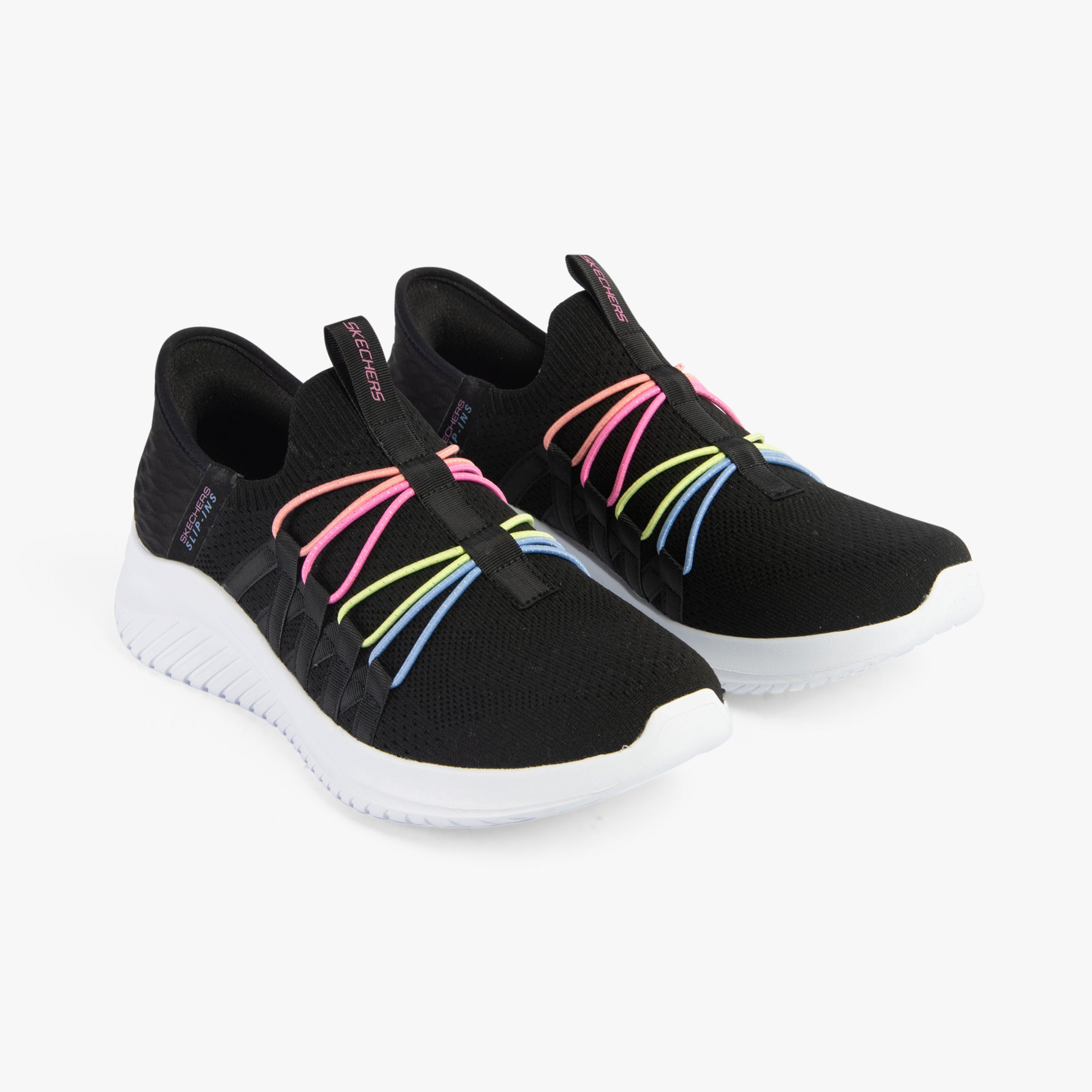 Skechers 303824L/BKMT ULTRA FLEX 3.0 - BUNGEE FUN Girls Trainers Black/Multi, side view showcasing colorful bungee laces.