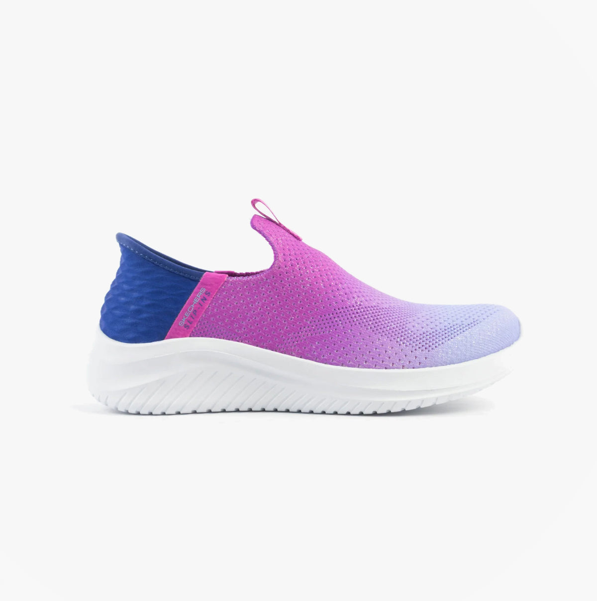 Skechers 303828L/NVPR ULTRA FLEX 3.0 - COLOR BOOST Girls Trainers Navy/Purple side view with slip-on design and colorful upper.