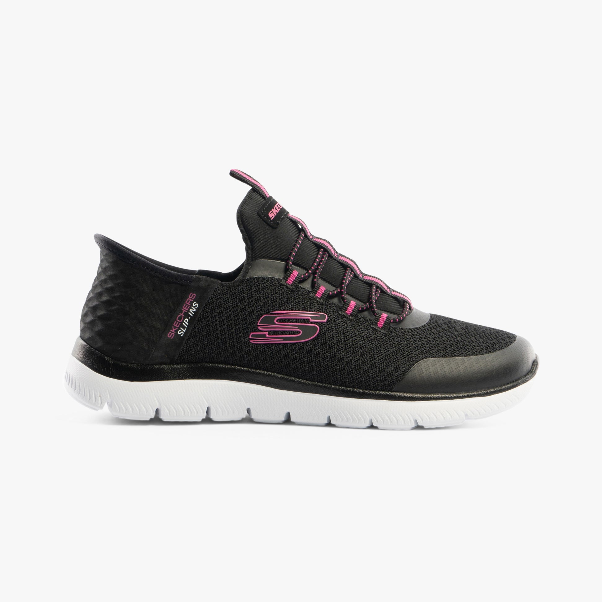 Skechers 303919L/BLK SUMMITS Girls Trainers Black side view with bungee stretch laces and synthetic upper.