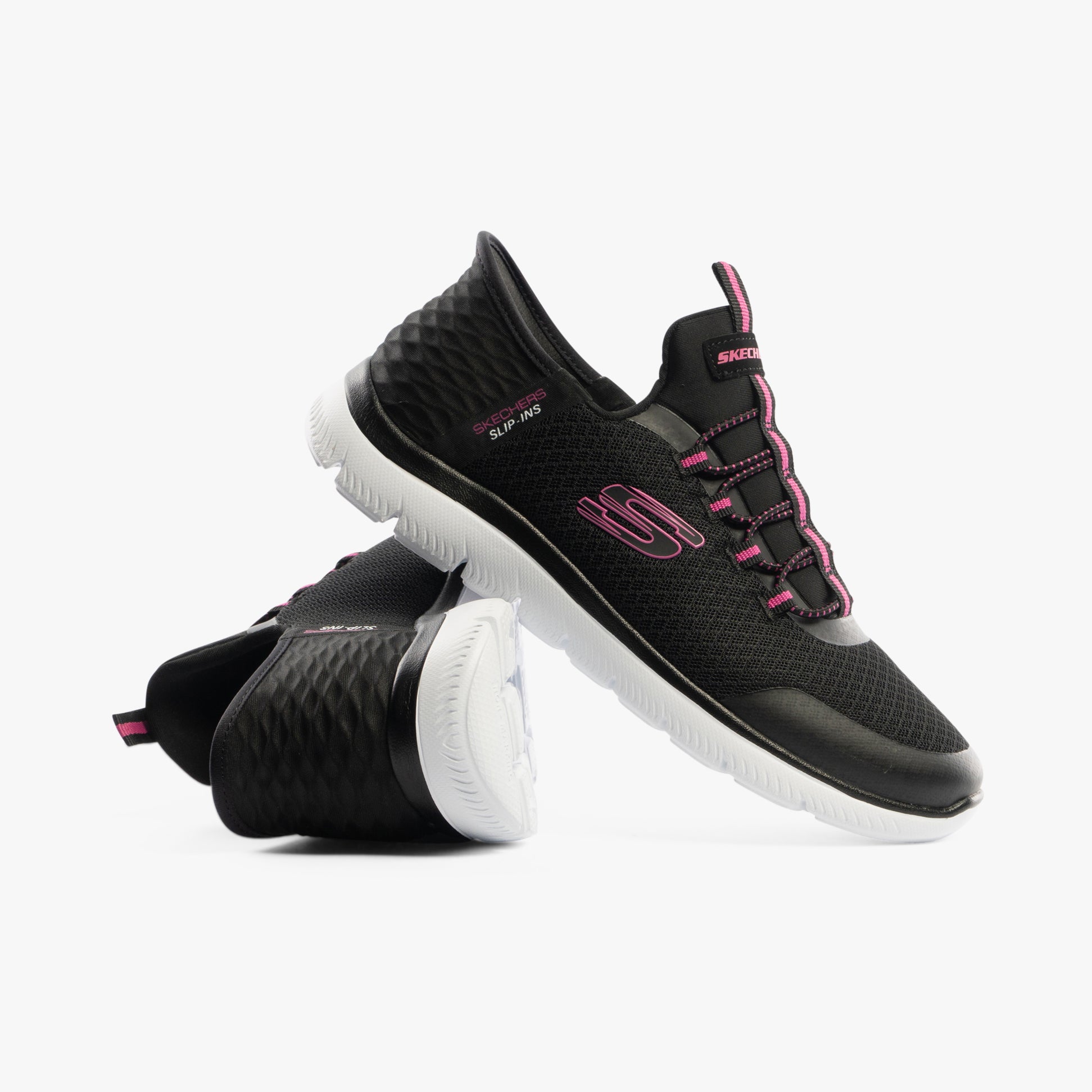 Skechers 303919L/BLK SUMMITS Girls Trainers Black side view showcasing black synthetic mesh upper and pink accents.