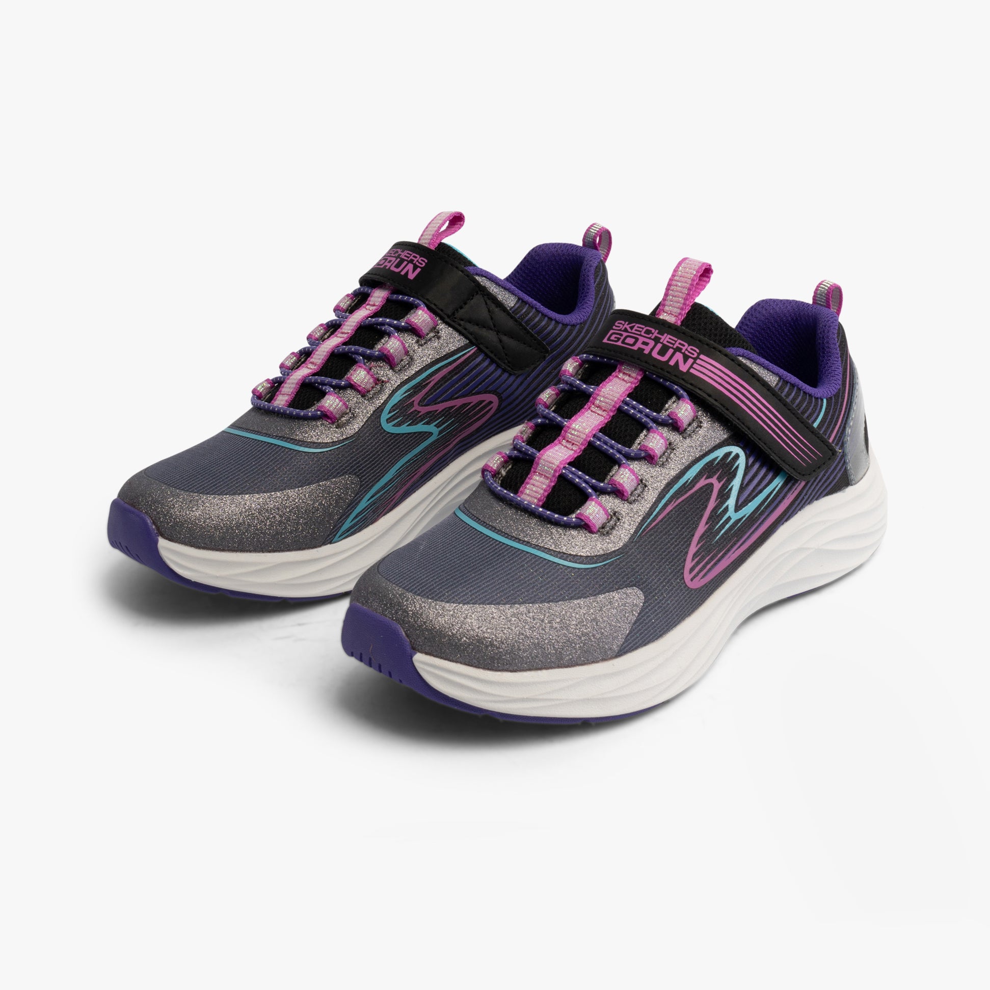 Skechers 303920L/BKMT GO-RUN-ACCELERATE Girls Trainers Black/Multi side view with purple accents and lace-up design.