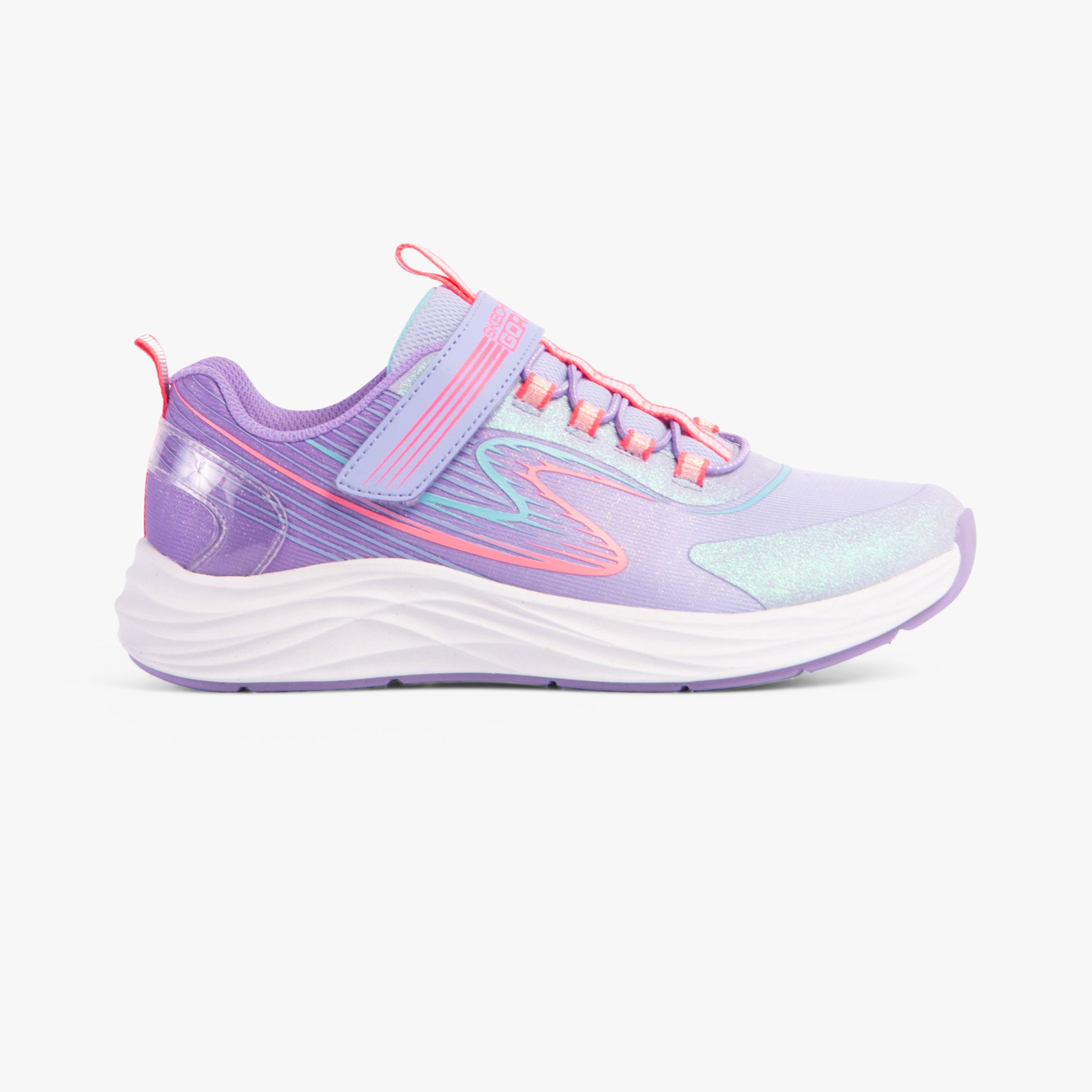 Skechers 303920L/LVMT GO-RUN-ACCELERATE Girls Trainers Lavender/Multi side view showcasing the synthetic upper and lace-up design.
