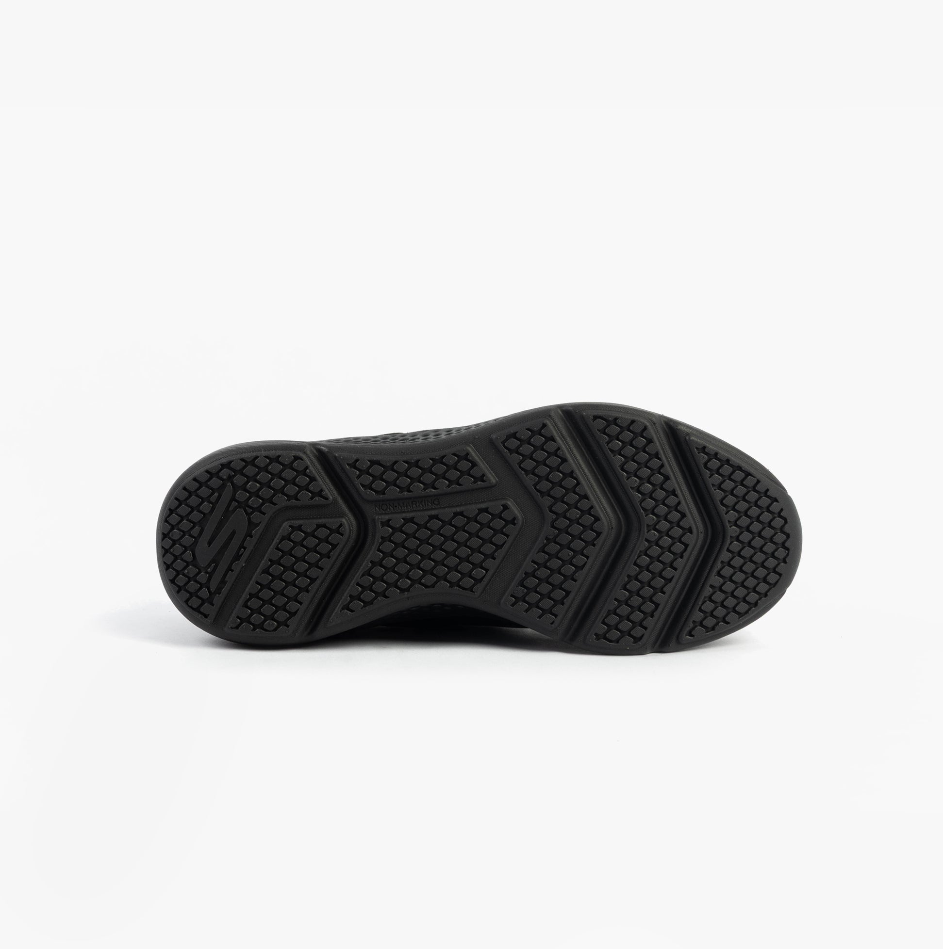 Skechers 303932L/BBK GO RUN ELEVATE - SPORTY SPECT Girls Trainers Black sole view showcasing the rubber tread and grip pattern.
