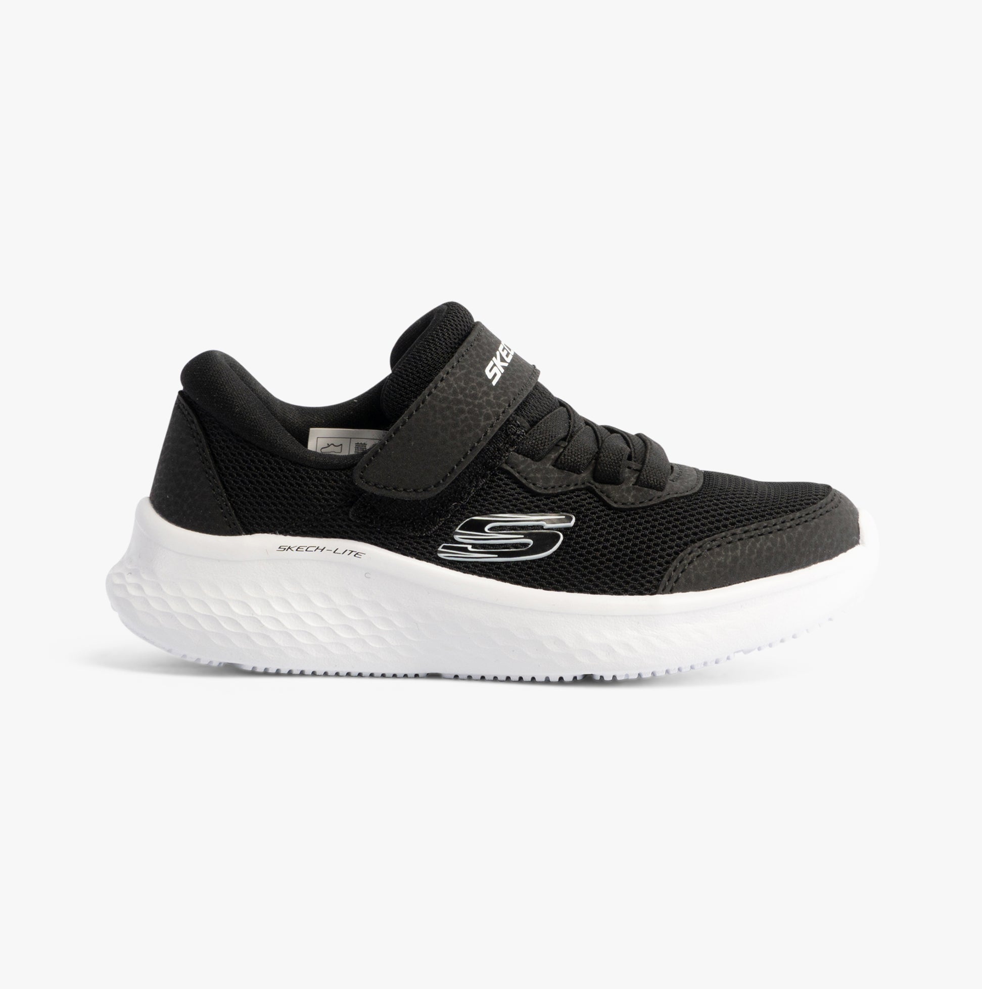 Skechers 303934L/BLK SKECH-LITE PRO Girls Trainers Black side view showcasing the casual synthetic upper and lace-up closure.
