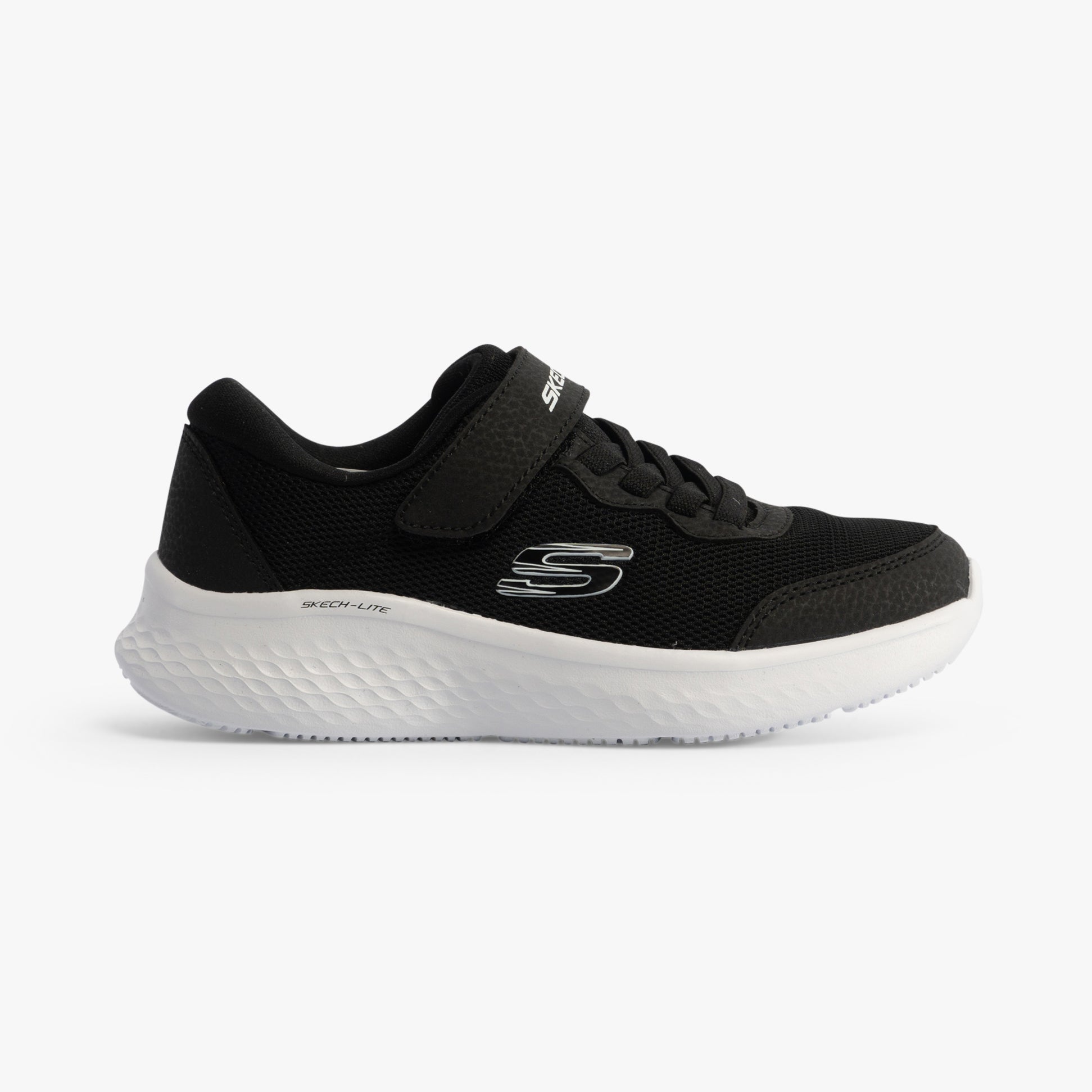 Skechers 303934L/BLK SKECH-LITE PRO Girls Trainers Black side view with black synthetic upper and white sole.