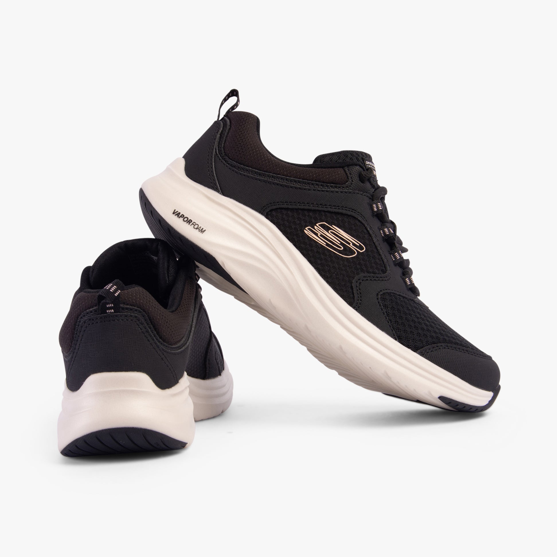 Skechers 303937L/BLK VAPOR FOAM - LASTING MOMENT Girls Trainers Black side view and rear view of the shoes.